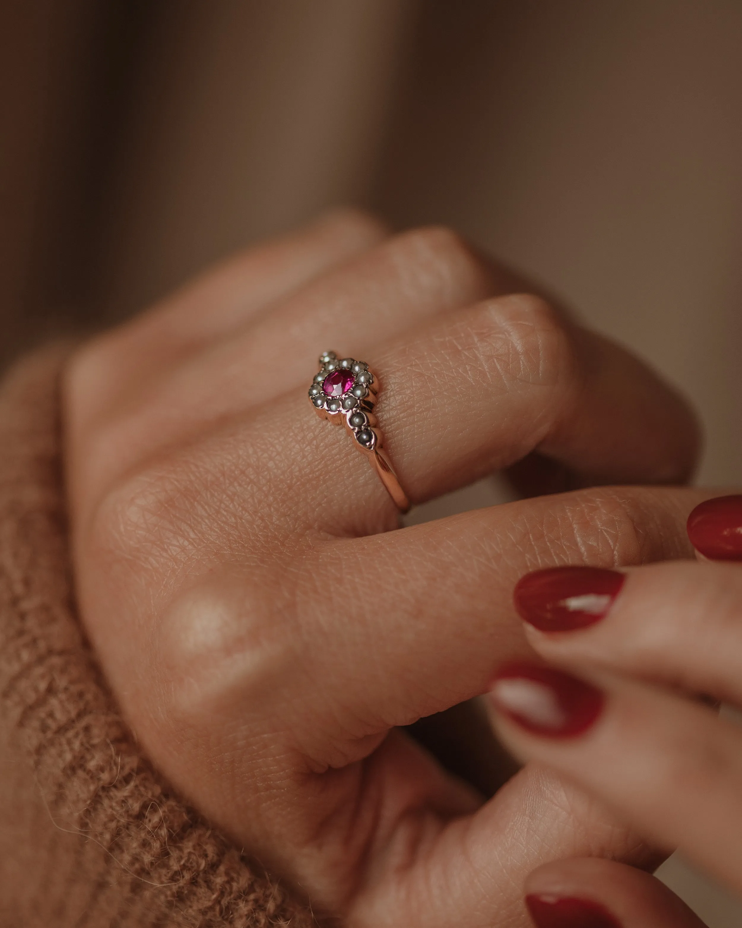 Alma 1897 Antique 9ct Gold Ruby & Pearl Cluster Ring sold by Rock n Rose