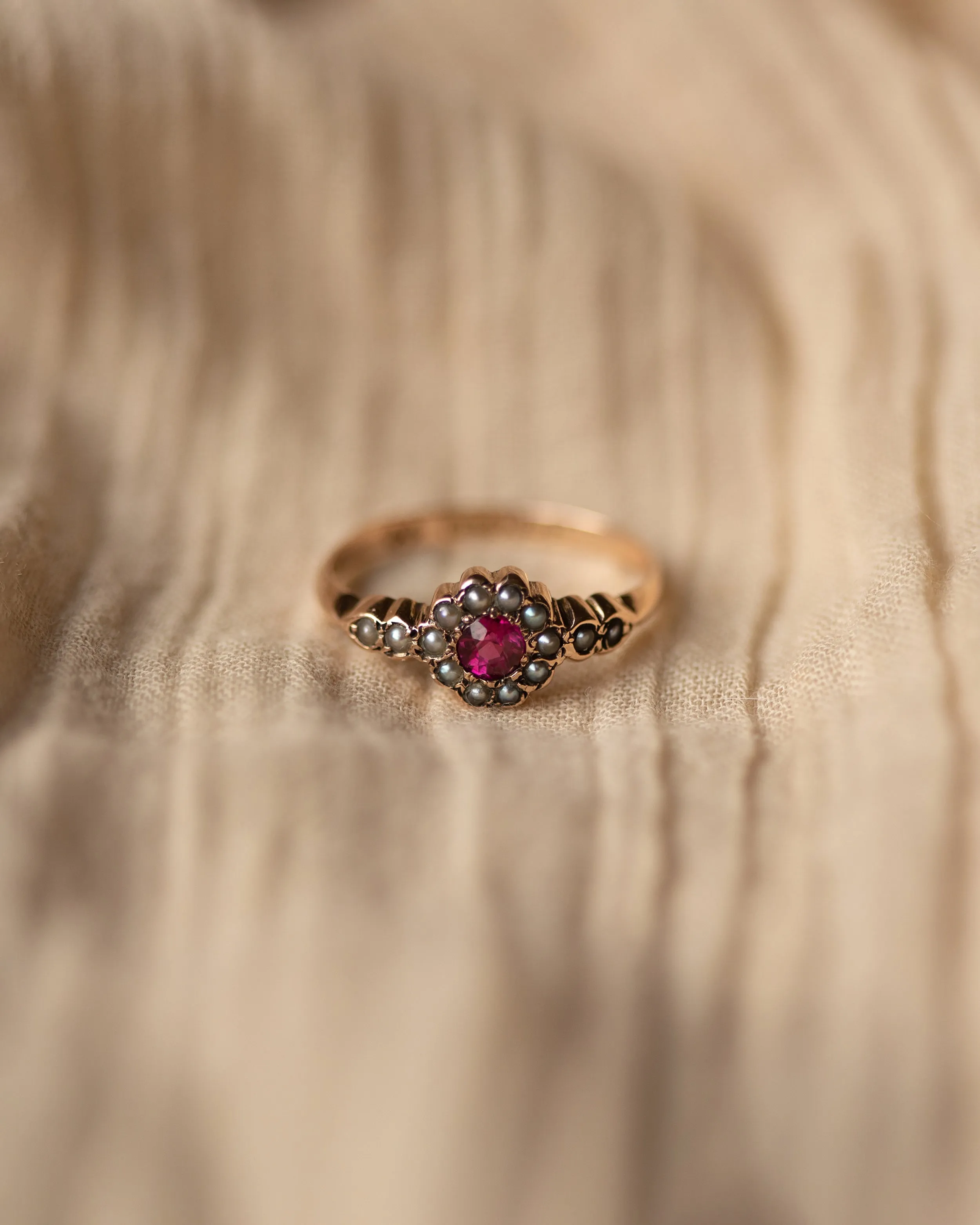 Alma 1897 Antique 9ct Gold Ruby & Pearl Cluster Ring sold by Rock n Rose product image thumbnail 3