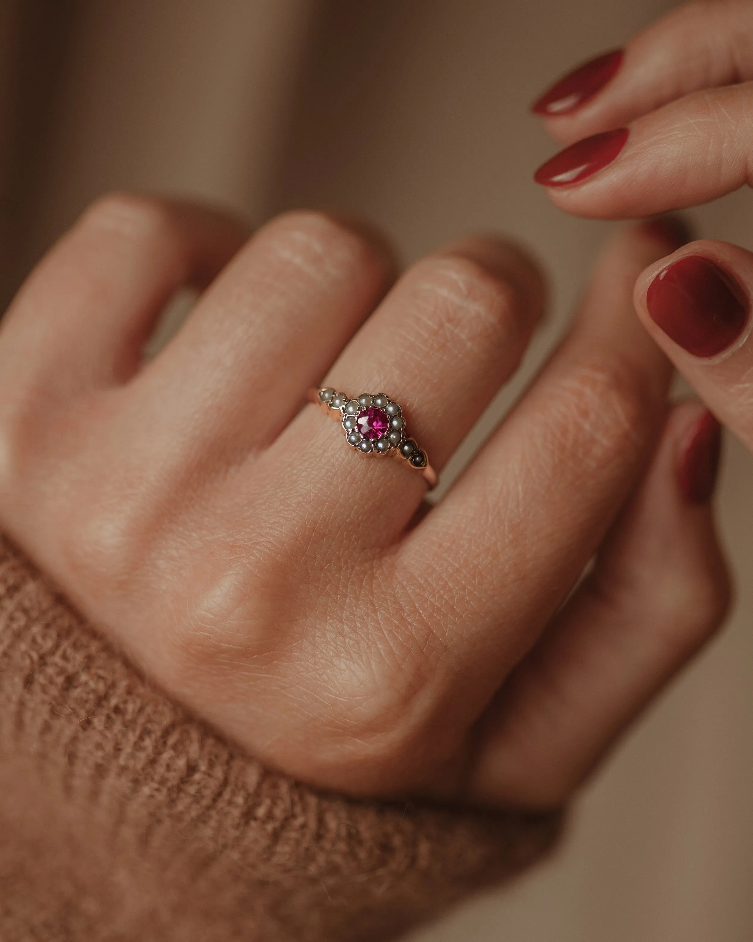 Alma 1897 Antique 9ct Gold Ruby & Pearl Cluster Ring sold by Rock n Rose product image thumbnail 2