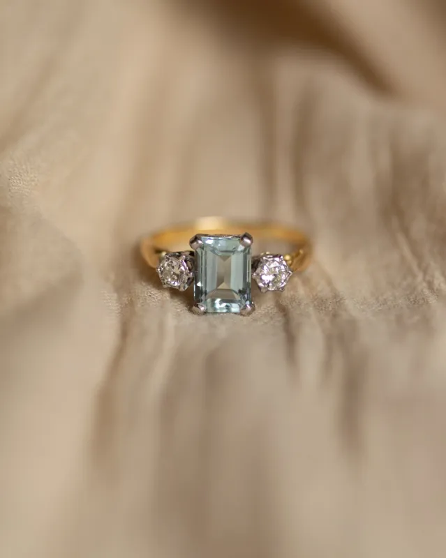 Juniper Vintage 18ct Gold Aquamarine & Diamond Trilogy Ring sold by Rock n Rose