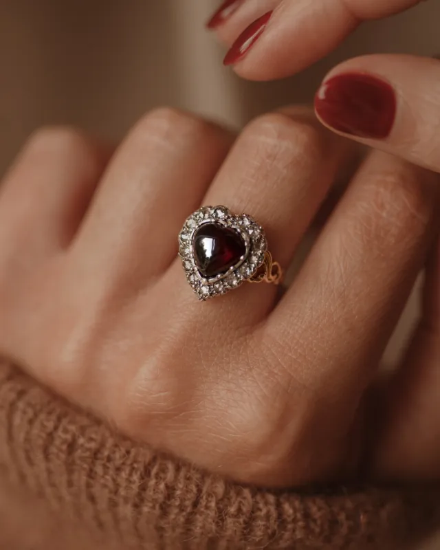 Virginia Antique 18ct Gold Garnet & Diamond Heart Ring sold by Rock n Rose