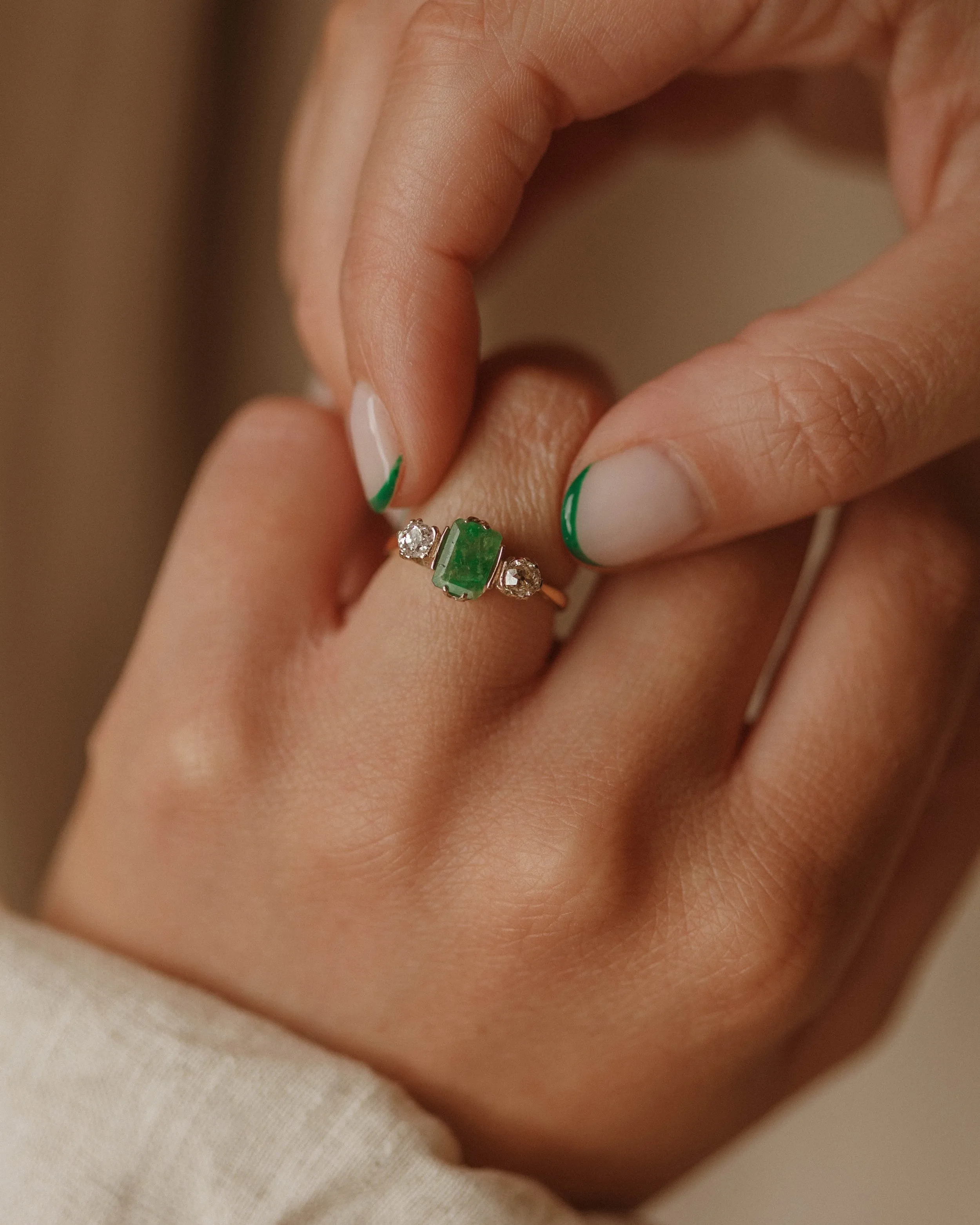 Rebecca 1976 18ct Gold Emerald & Diamond Trilogy Ring sold by Rock n Rose