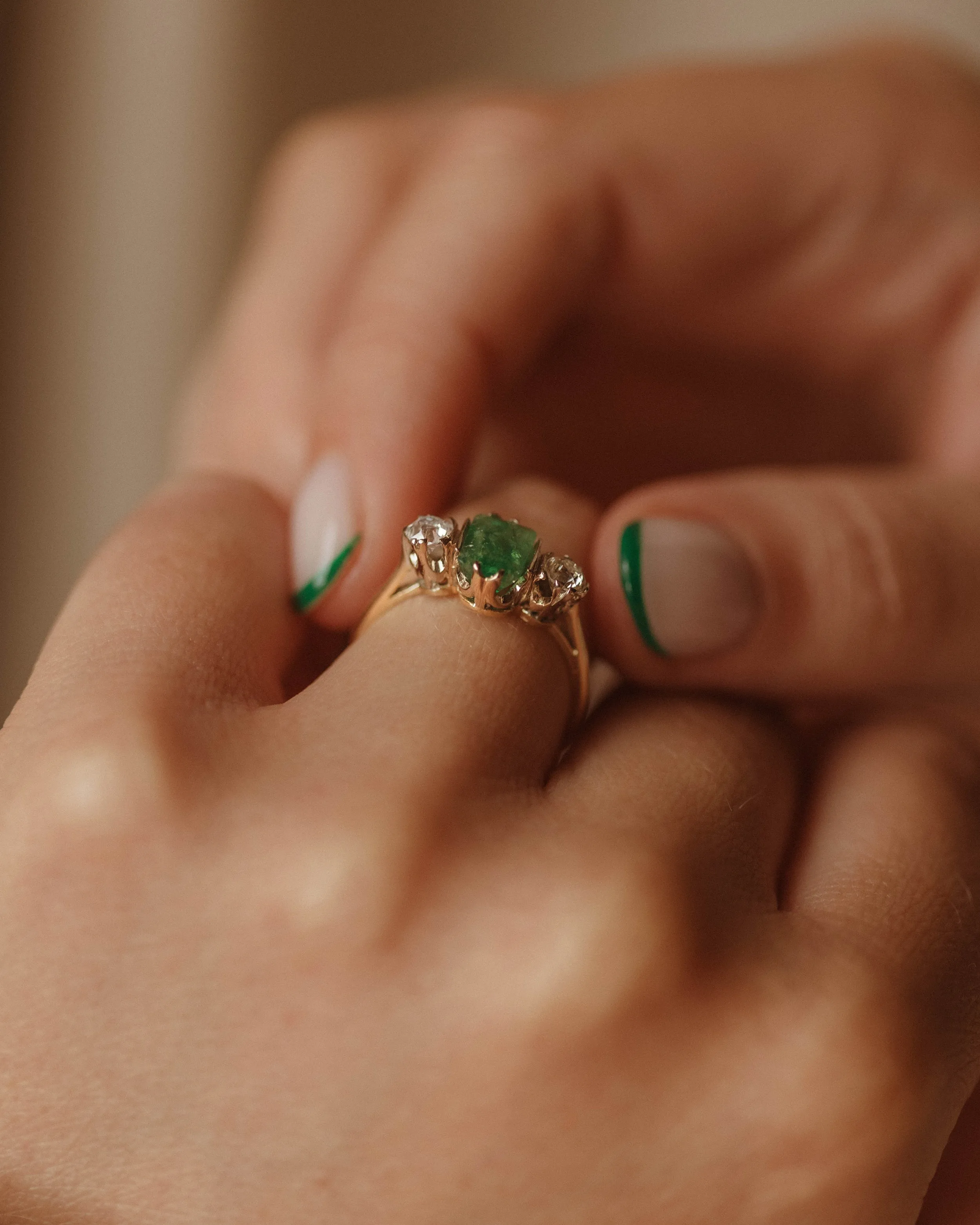 Rebecca 1976 18ct Gold Emerald & Diamond Trilogy Ring sold by Rock n Rose product image thumbnail 3