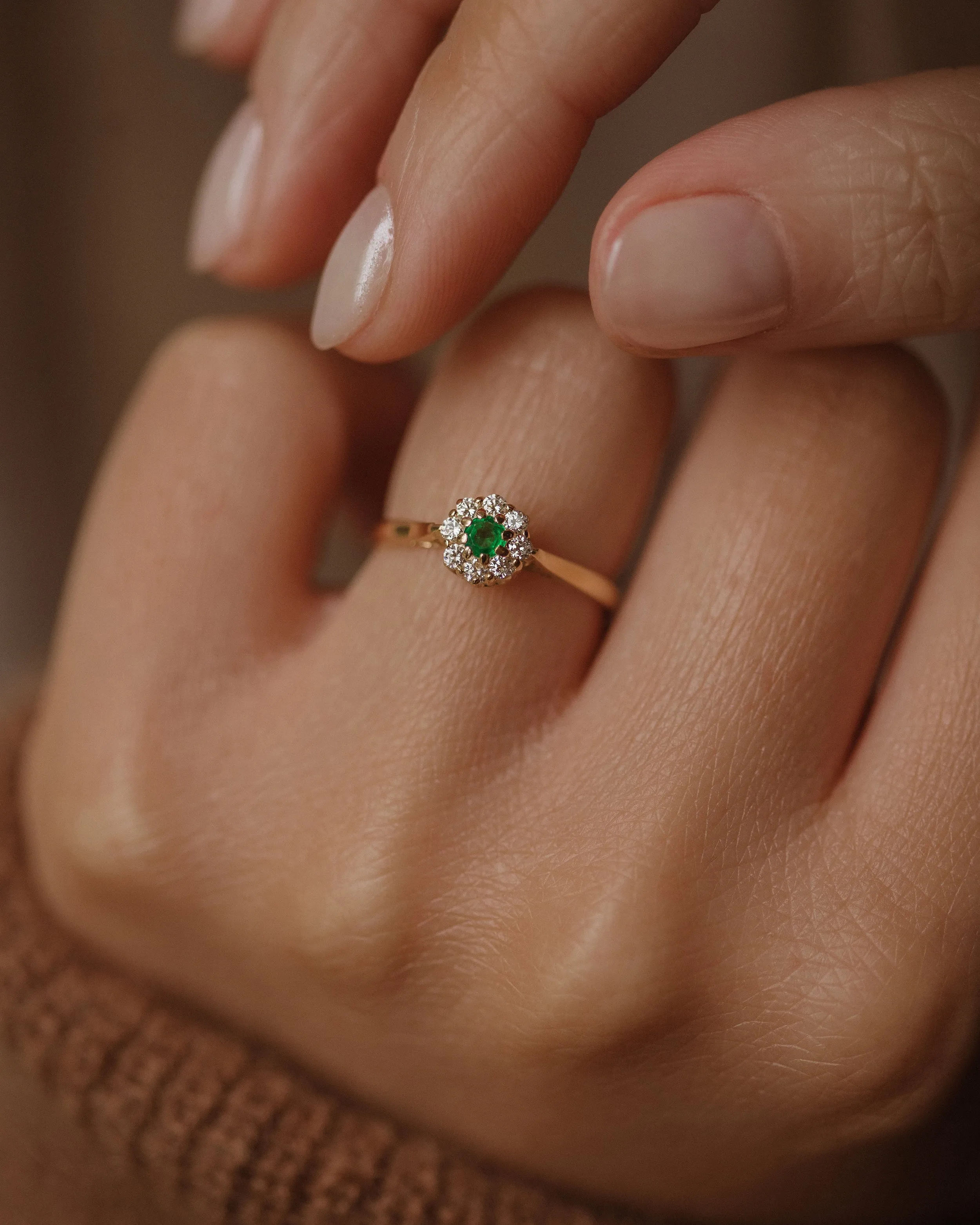 Constance 1986 Vintage 18ct Gold Emerald & Diamond Cluster Ring sold by Rock n Rose