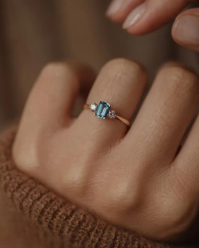 Fern 1987 Vintage 9ct Gold Blue Topaz & Diamond Trilogy Ring sold by Rock n Rose