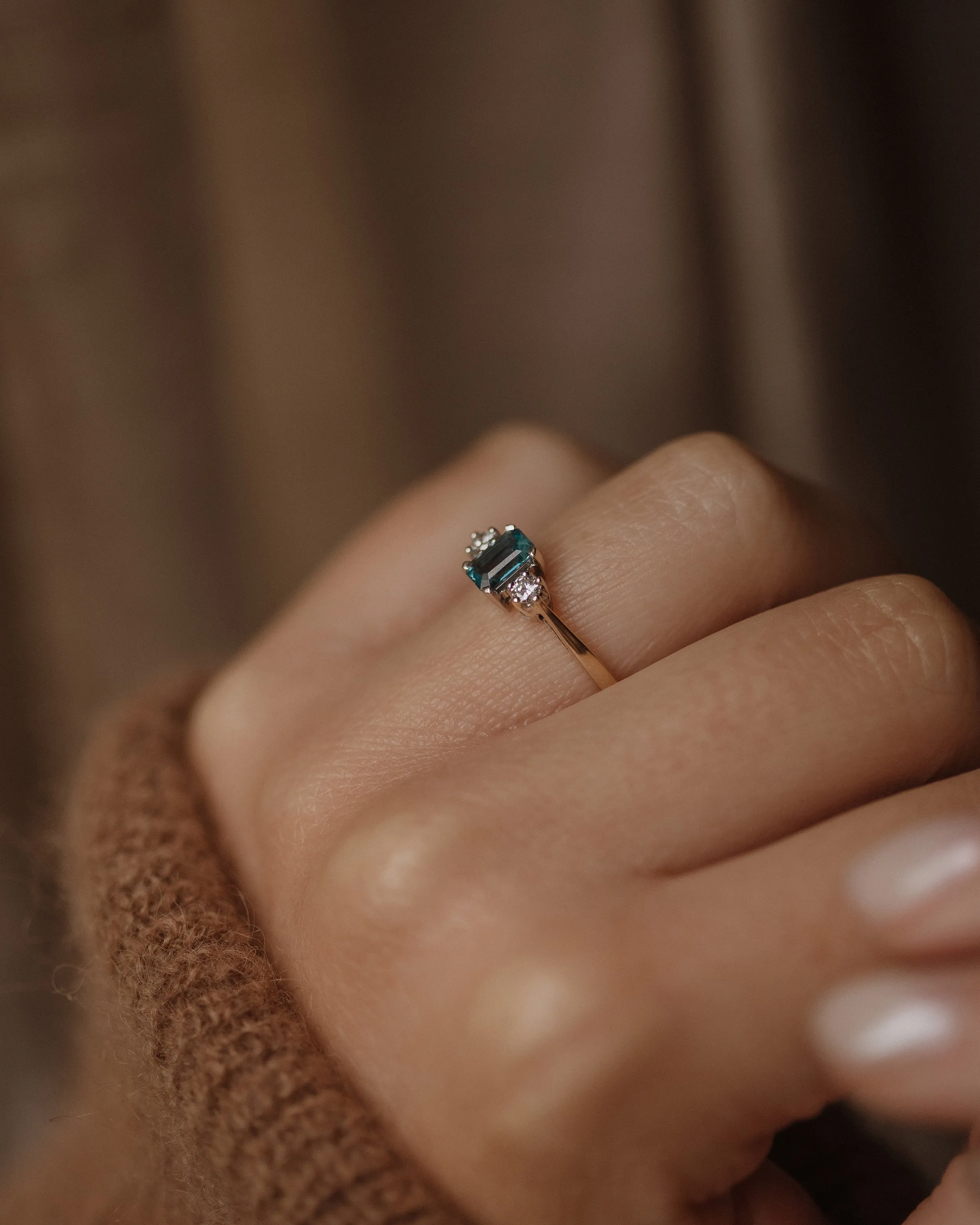 Fern 1987 Vintage 9ct Gold Blue Topaz & Diamond Trilogy Ring sold by Rock n Rose product image thumbnail 2