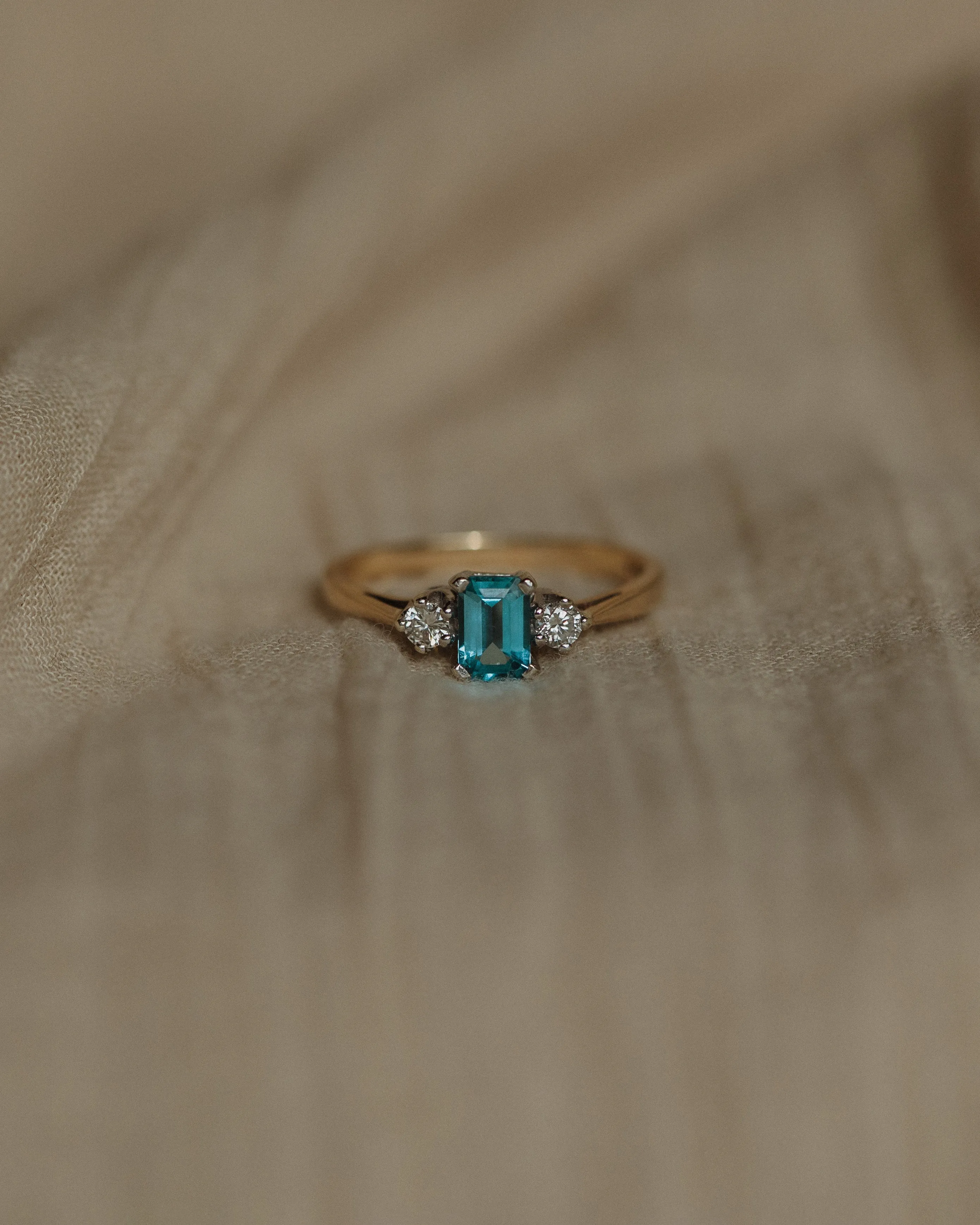 Fern 1987 Vintage 9ct Gold Blue Topaz & Diamond Trilogy Ring sold by Rock n Rose product image thumbnail 3