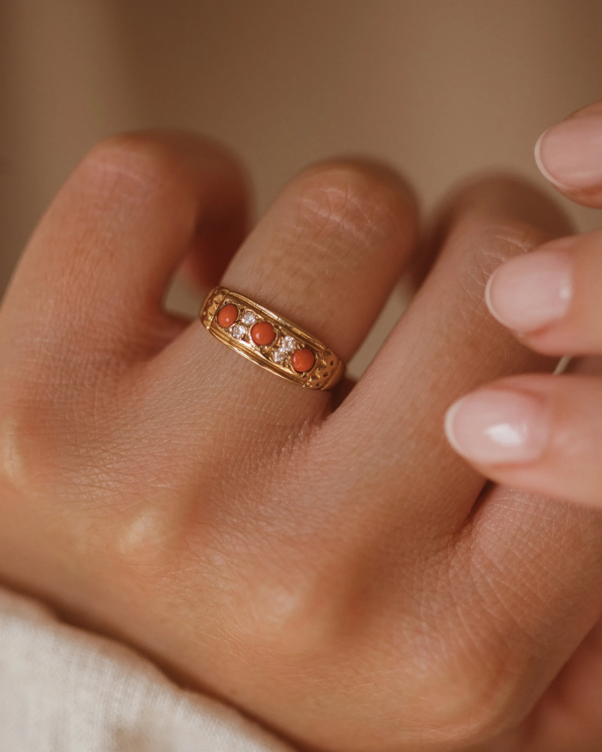 Eliza 1975 9ct Gold Coral & Diamond Ring sold by Rock n Rose