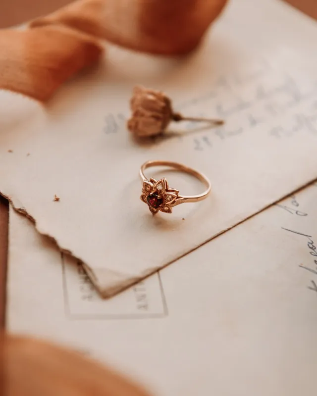 Dahlia 9ct Gold Garnet Flower Ring sold by Rock n Rose