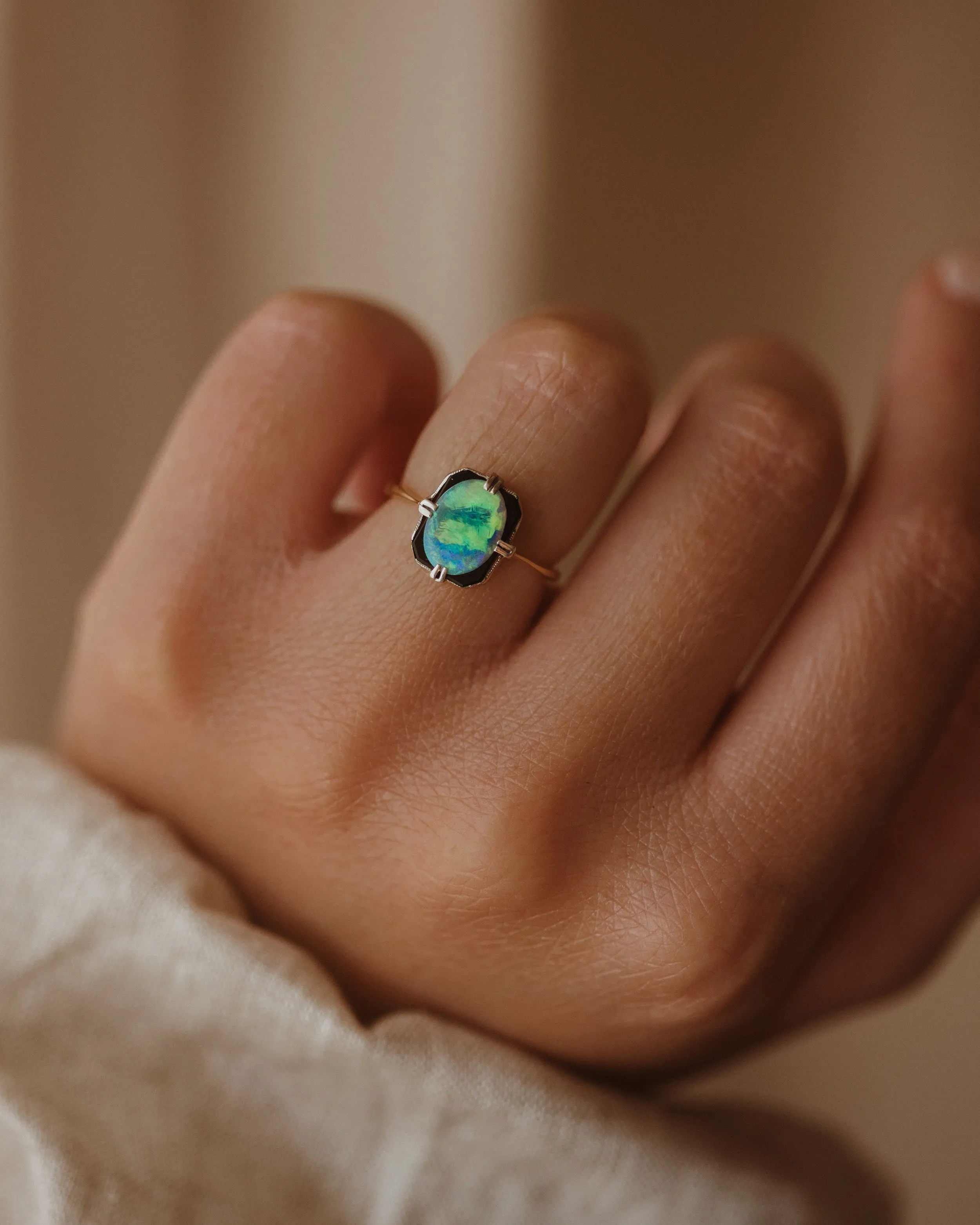 Mamie Vintage 9ct Gold Opal & Black Onyx Ring sold by Rock n Rose