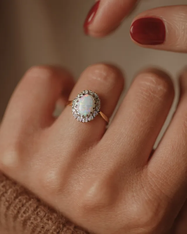 Flora 1975 Vintage 18ct Gold Opal & Diamond Cluster Ring sold by Rock n Rose