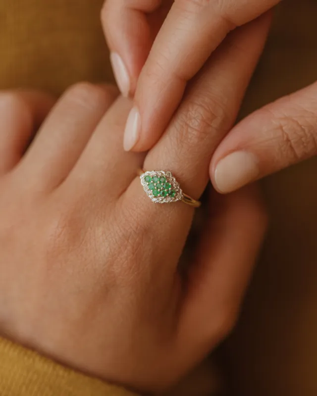 Eugenie Vintage 9ct Gold Emerald & Diamond Cluster Ring sold by Rock n Rose