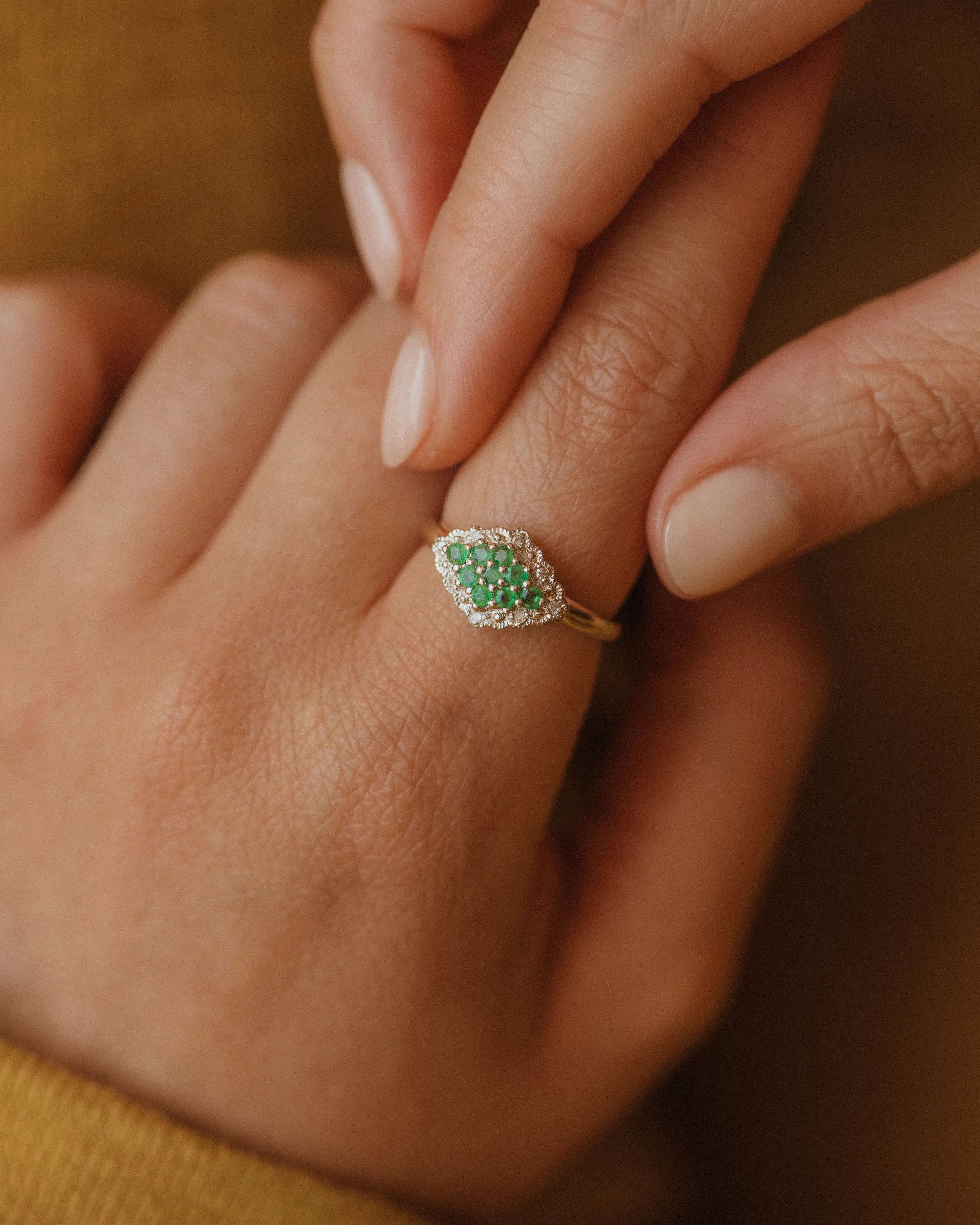 Eugenie Vintage 9ct Gold Emerald & Diamond Cluster Ring sold by Rock n Rose