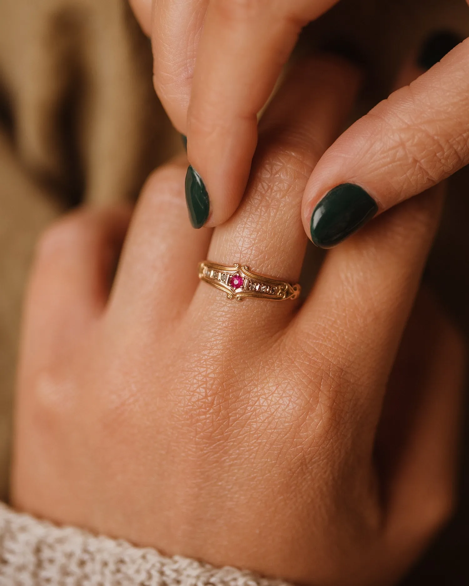 Beryl 1915 9ct Gold Ruby & Diamond Ring sold by Rock n Rose
