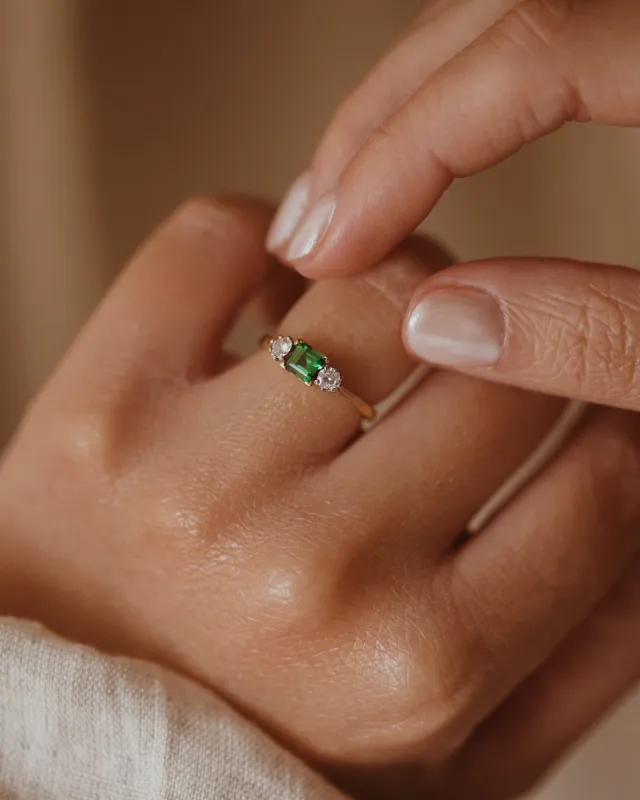Edith Vintage 18ct Gold Green Spinel & Diamond Trilogy Ring sold by Rock n Rose