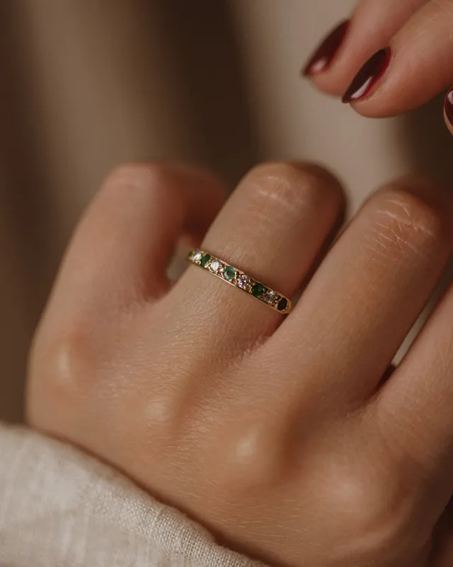 Fennel Antique 18ct Gold Emerald & Diamond Half Eternity Ring sold by Rock n Rose