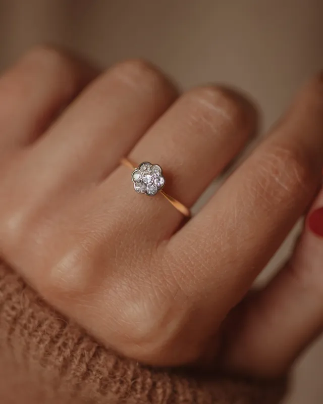 Jessa Antique Edwardian 18ct Gold Diamond Daisy Cluster Ring sold by Rock n Rose
