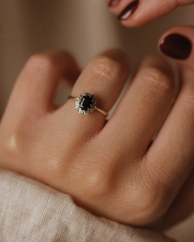 Helena 1983 Vintage 9ct Gold Sapphire & Diamond Cluster Ring sold by Rock n Rose