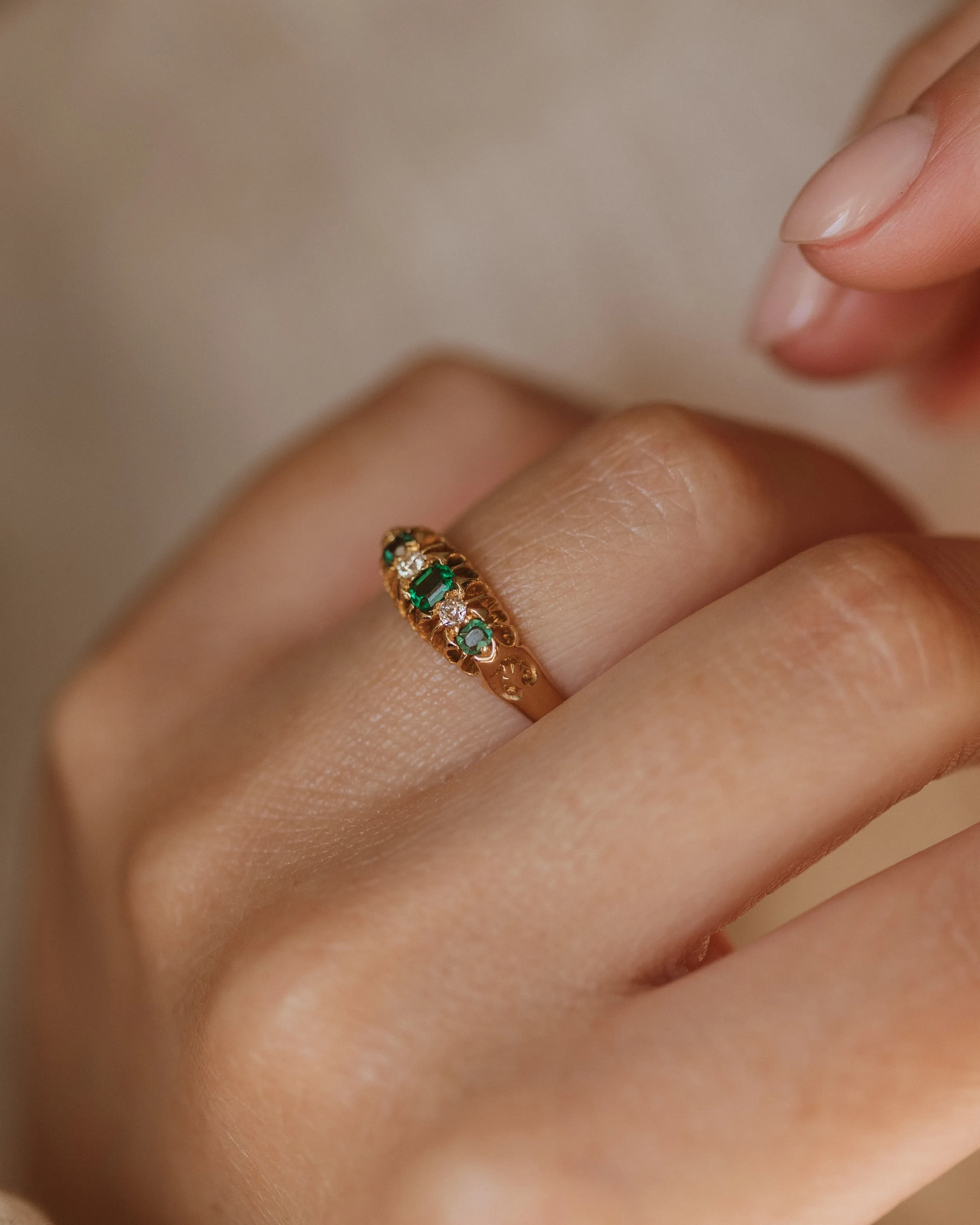Juliette 1903 Antique 18ct Gold Green Garnet & Diamond Five Stone Ring sold by Rock n Rose product image thumbnail 2