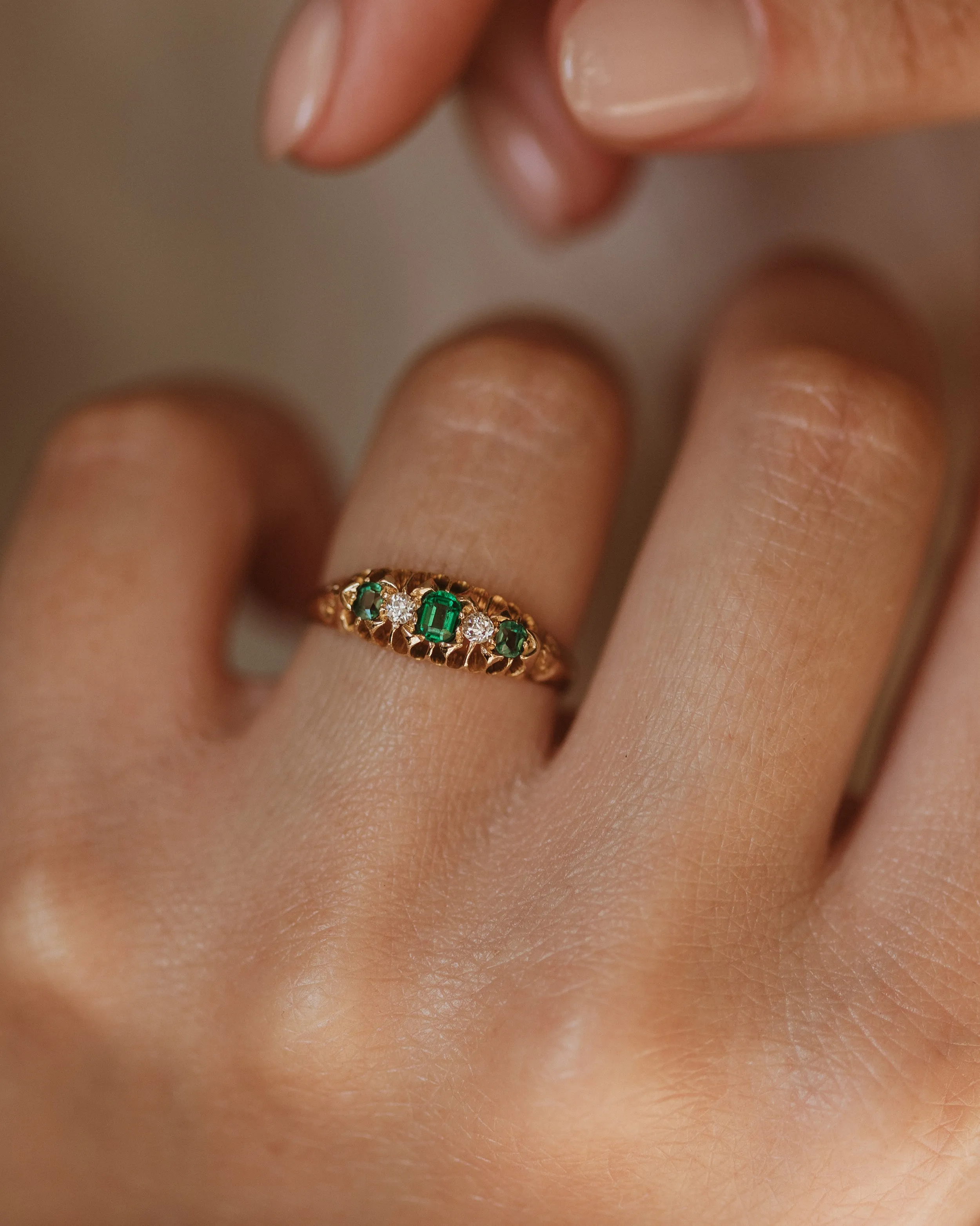Juliette 1903 Antique 18ct Gold Green Garnet & Diamond Five Stone Ring sold by Rock n Rose