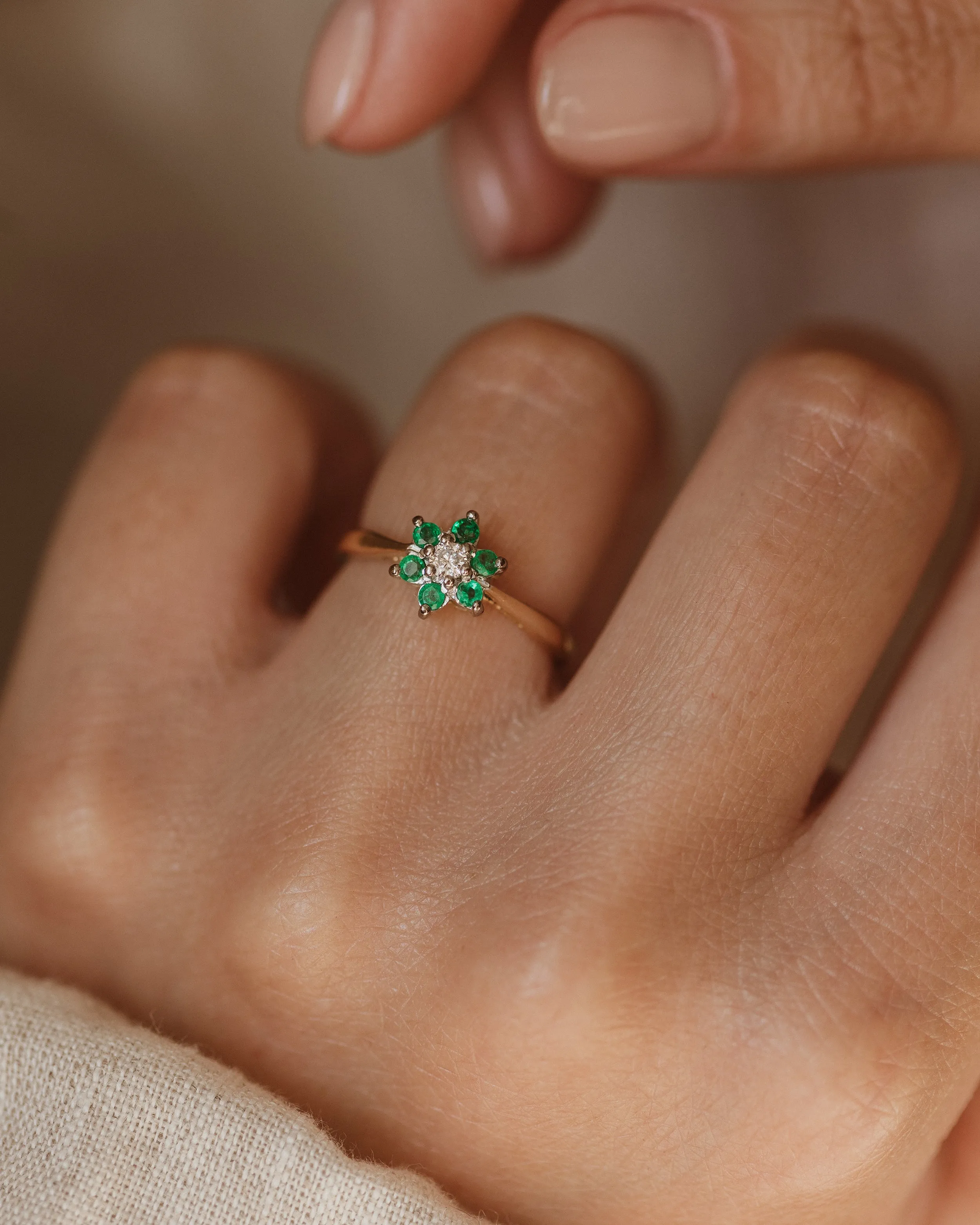 Maeve Vintage 18ct Gold Emerald & Diamond Cluster Ring sold by Rock n Rose
