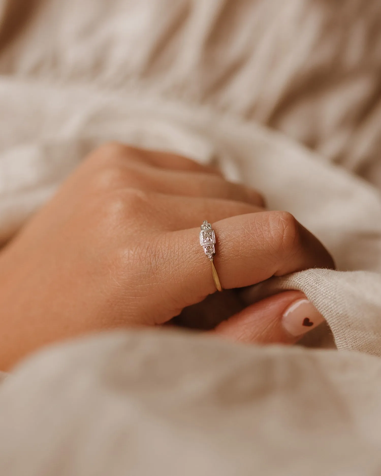 Theodora 18ct Gold Art Deco Three Diamond Ring sold by Rock n Rose