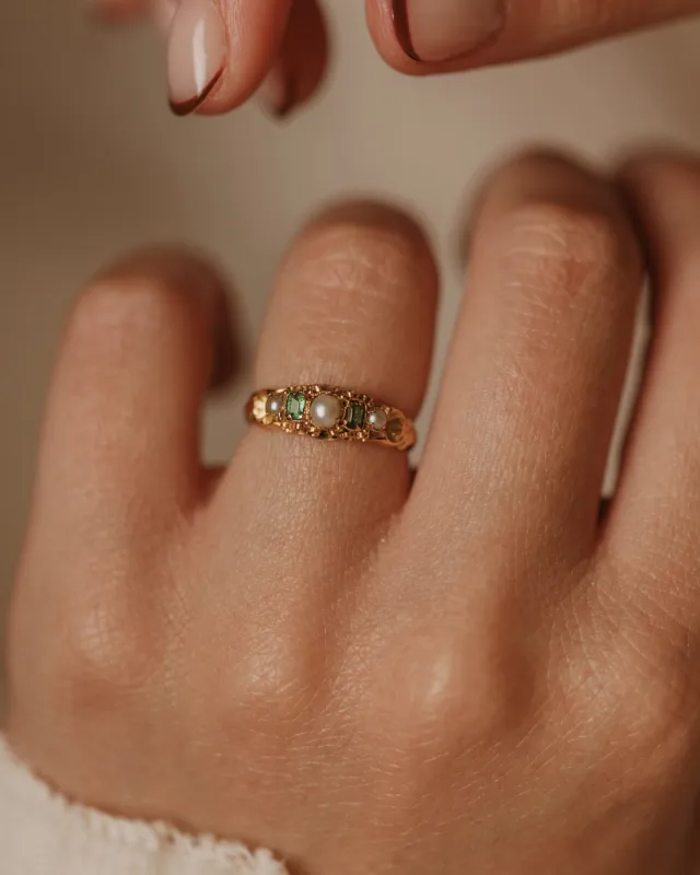 Elodie 1945 Vintage 15ct Gold Emerald & Pearl Five Stone Ring sold by Rock n Rose