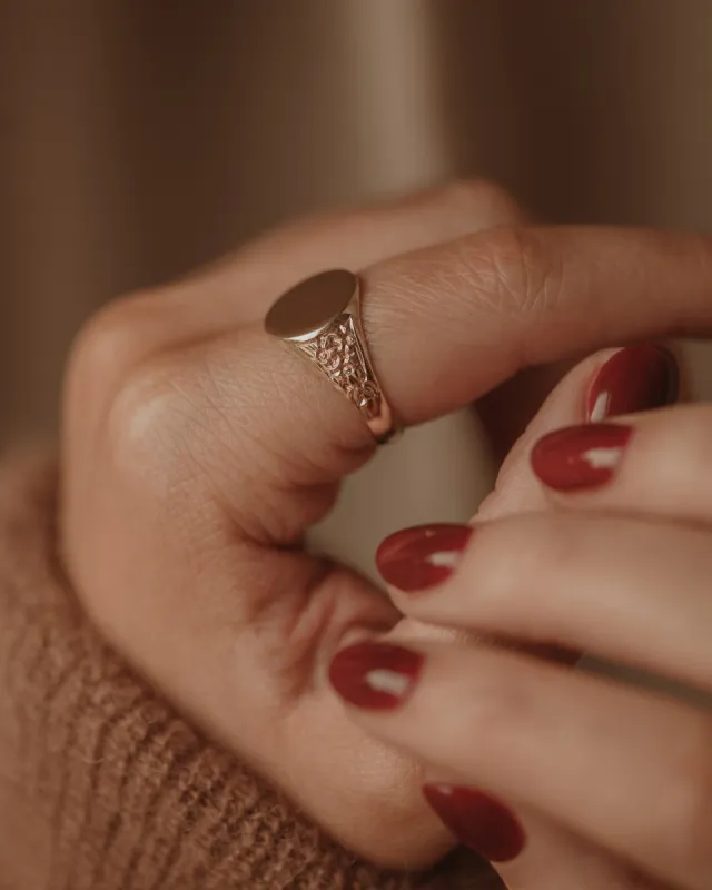 Frances 1970 Vintage 9ct Gold Floral Signet Ring sold by Rock n Rose