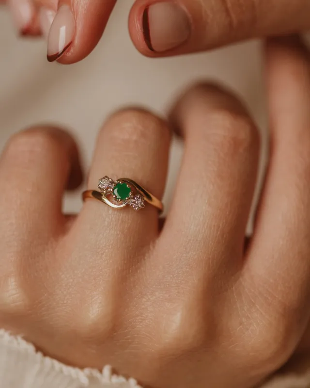 Astrid 1990 Vintage 9ct Gold Emerald & Diamond Trilogy Ring sold by Rock n Rose