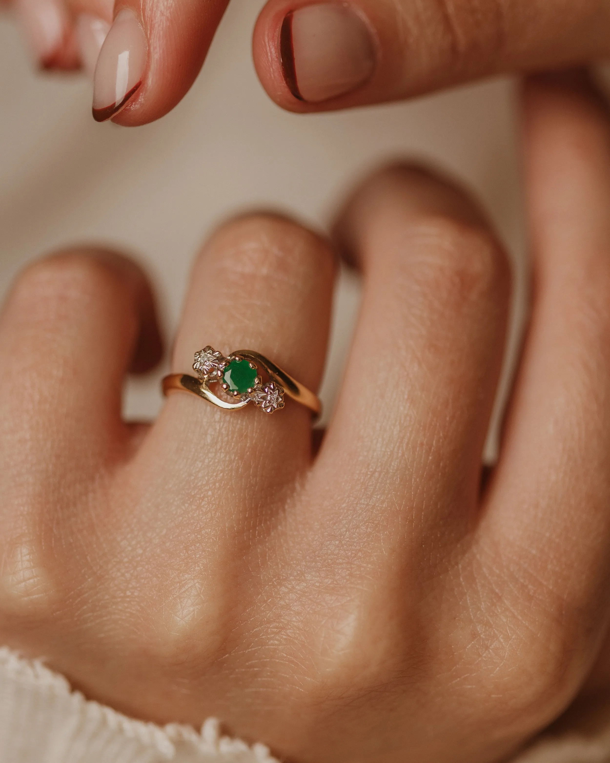 Astrid 1990 Vintage 9ct Gold Emerald & Diamond Trilogy Ring sold by Rock n Rose