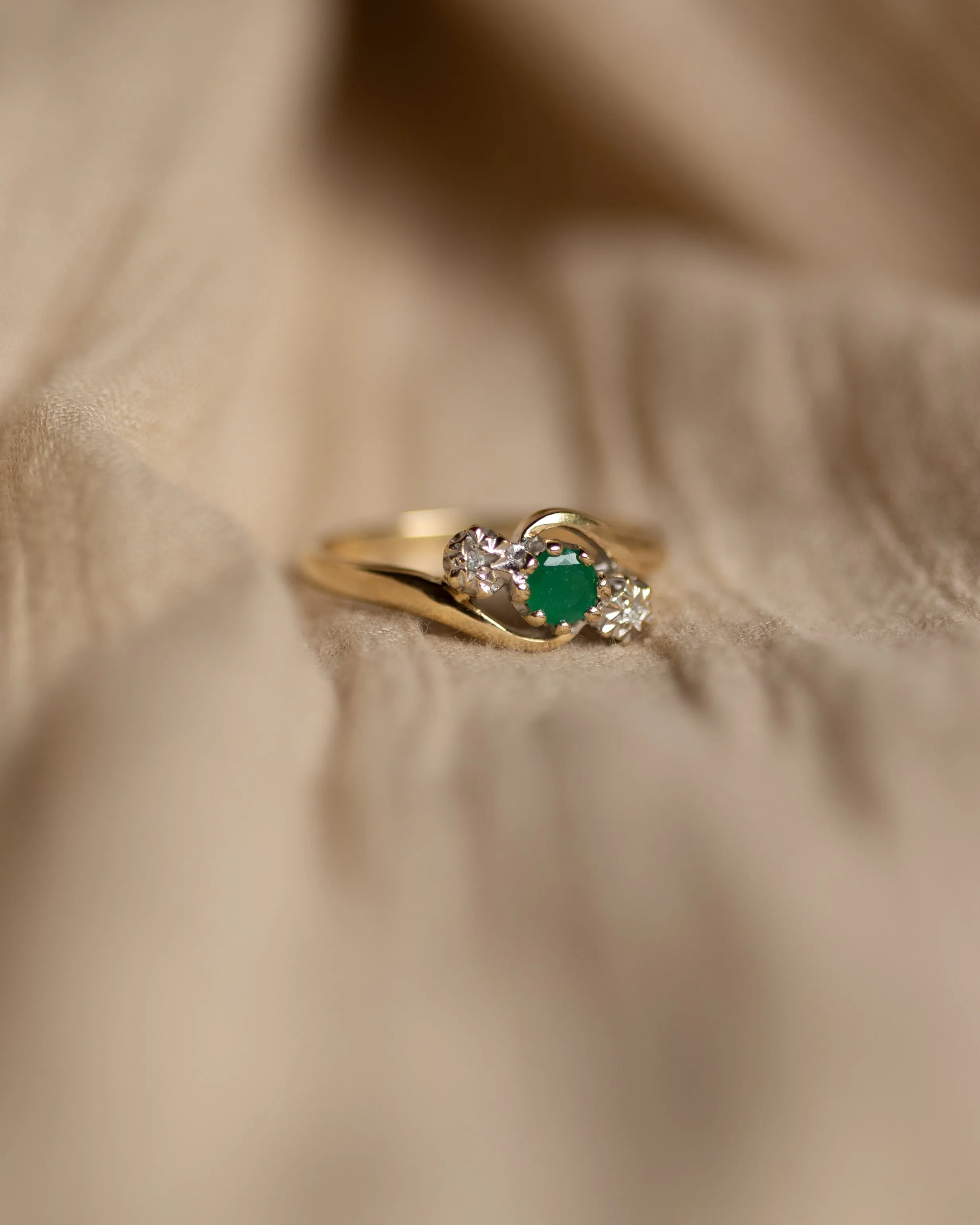 Astrid 1990 Vintage 9ct Gold Emerald & Diamond Trilogy Ring sold by Rock n Rose product image thumbnail 4