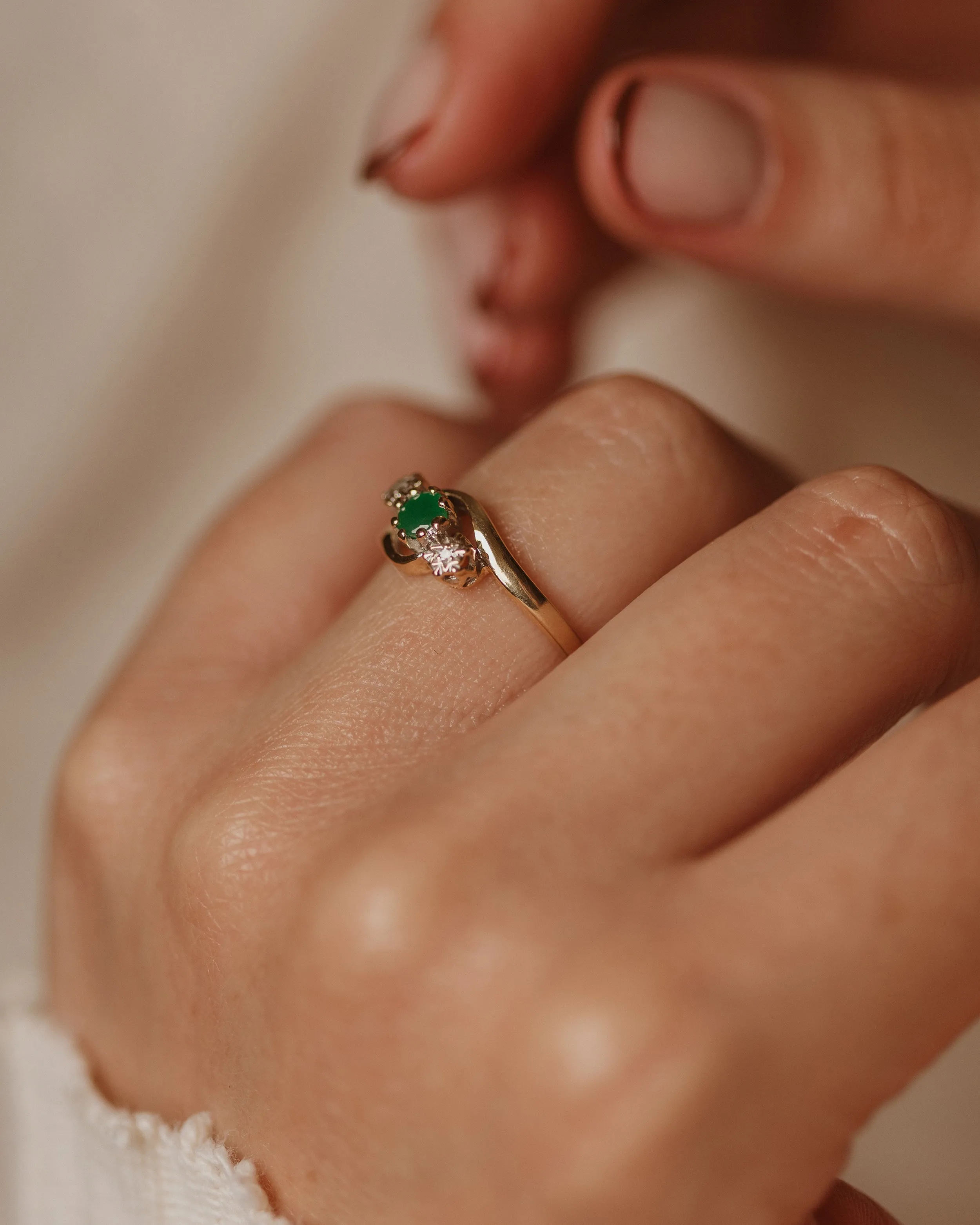 Astrid 1990 Vintage 9ct Gold Emerald & Diamond Trilogy Ring sold by Rock n Rose product image thumbnail 2