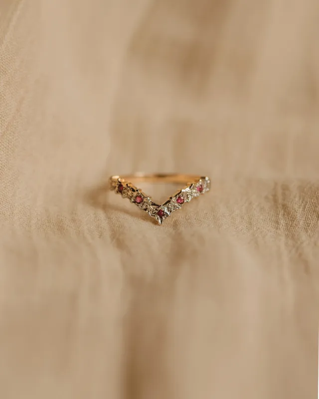 Callie Vintage 9ct Gold Ruby & Diamond Wishbone Ring sold by Rock n Rose