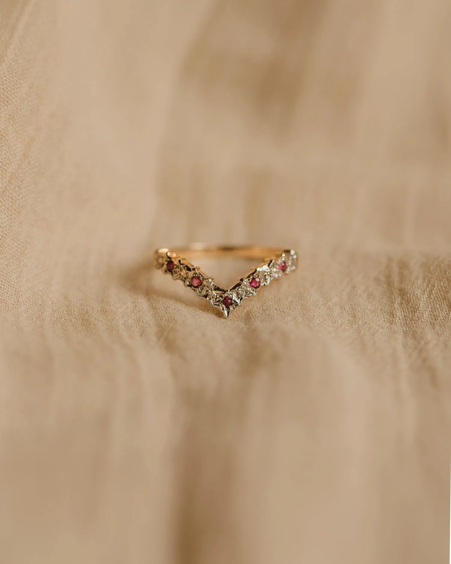 Callie Vintage 9ct Gold Ruby & Diamond Wishbone Ring sold by Rock n Rose