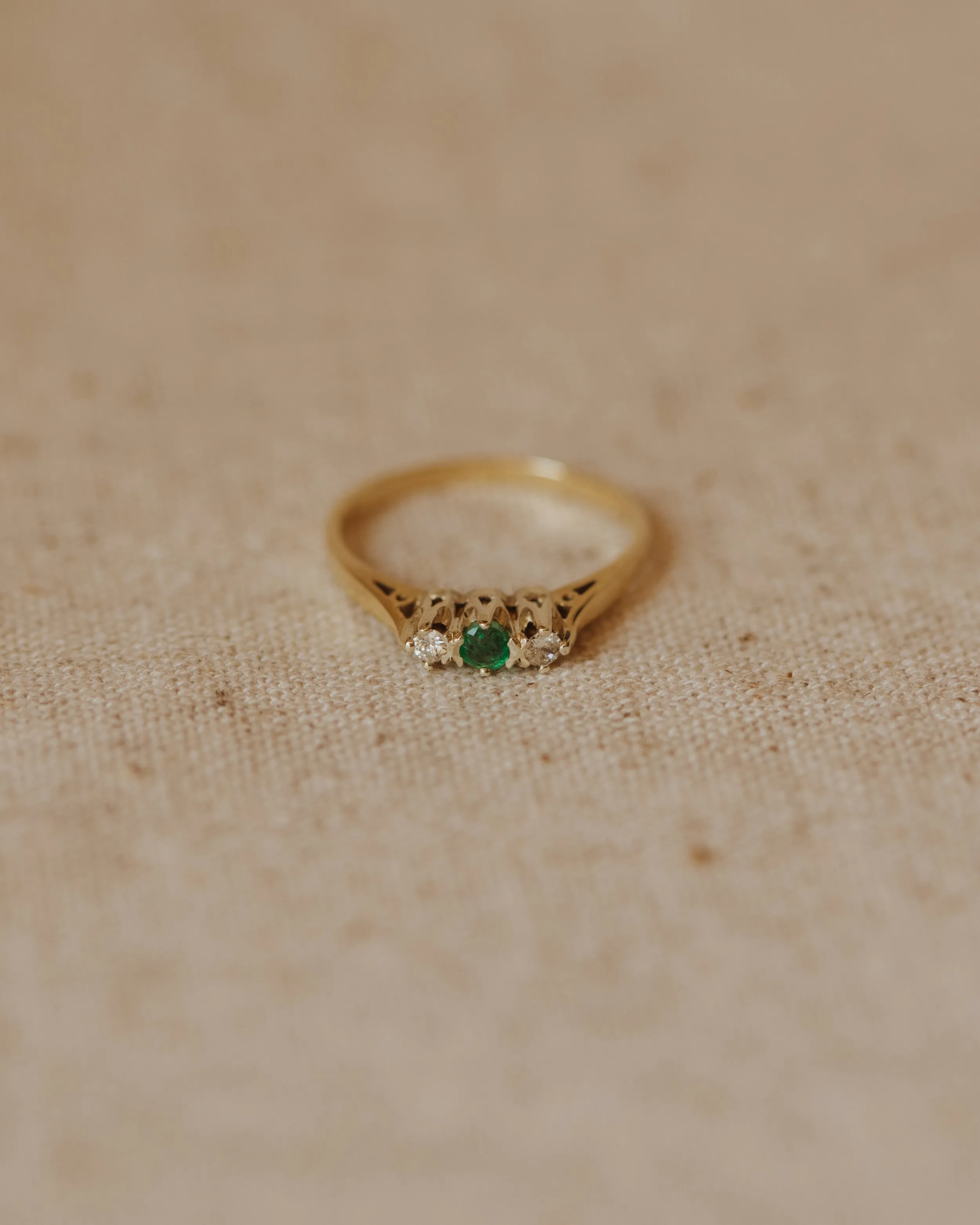 Isla 1987 9ct Gold Emerald & Diamond Trilogy Ring sold by Rock n Rose