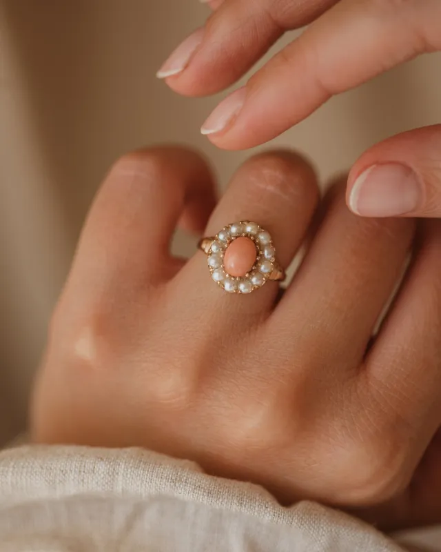 Blythe 1964 9ct Gold Coral & Pearl Cluster Ring sold by Rock n Rose