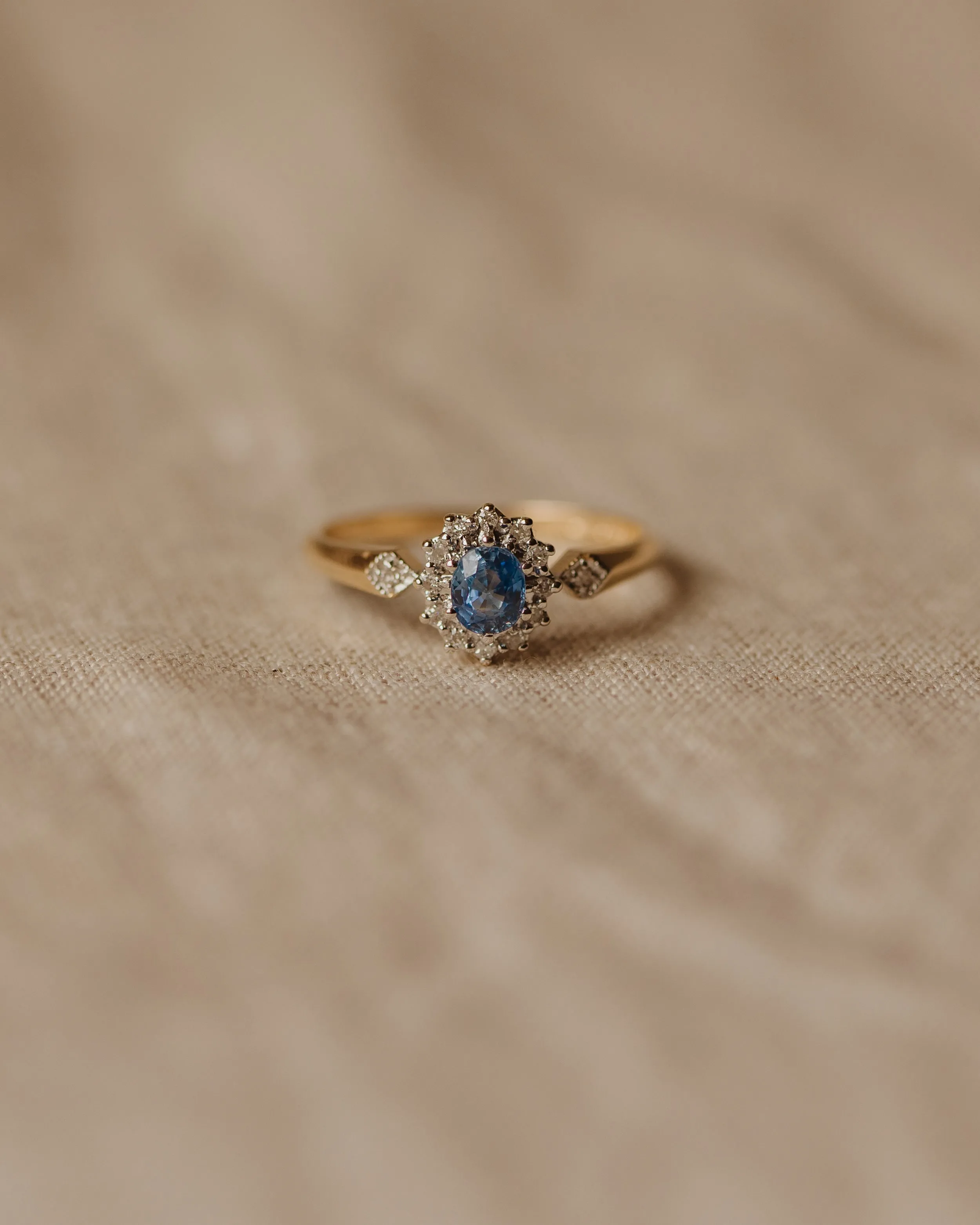 Maggie 1990 9ct Gold Blue Topaz & Diamond Cluster Ring sold by Rock n Rose