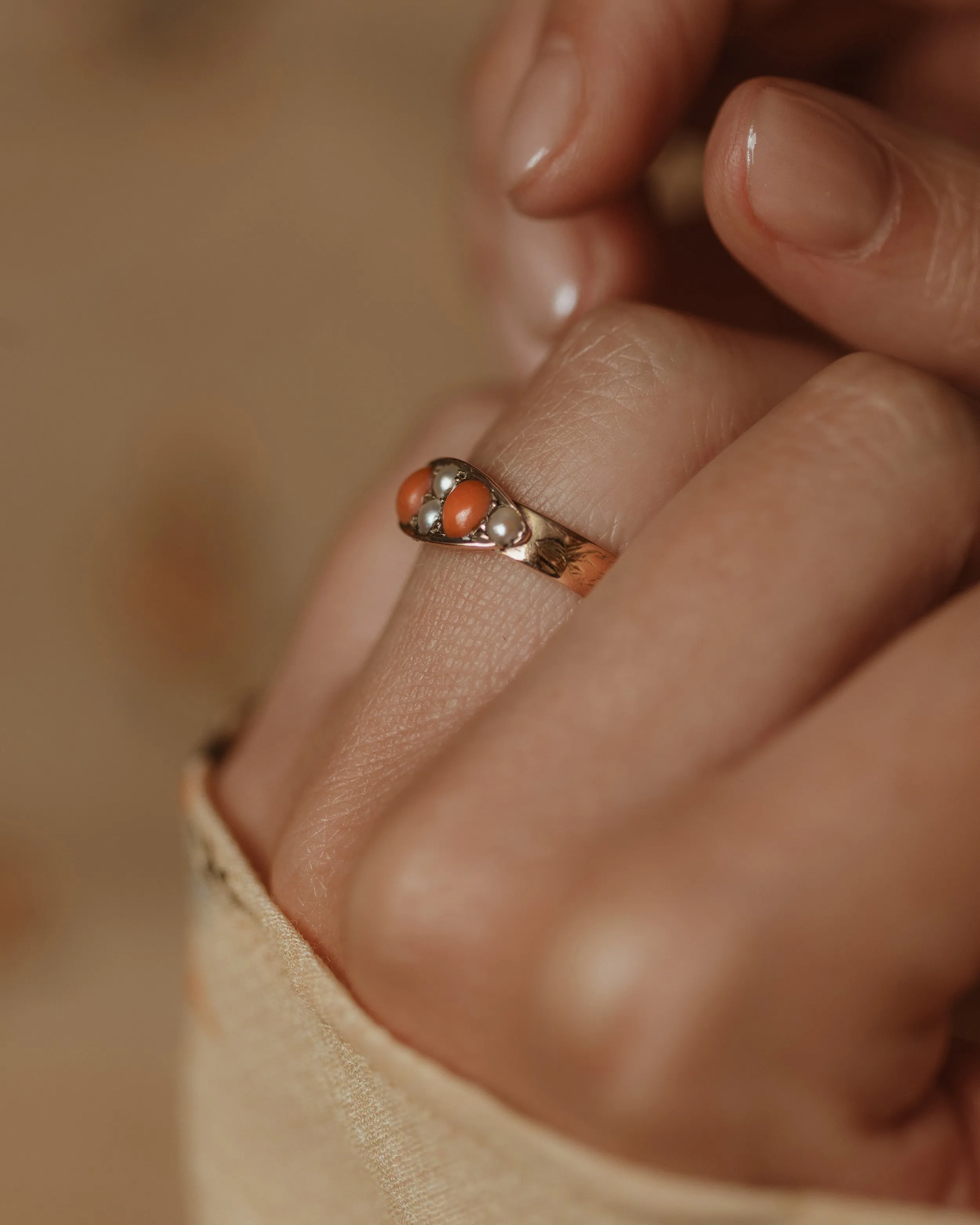 Blanch Antique Victorian 9ct Gold Coral & Pearl Ring sold by Rock n Rose product image thumbnail 2