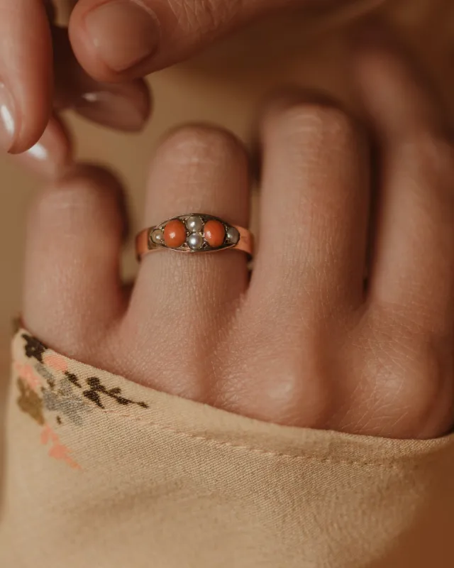 Blanch Antique Victorian 9ct Gold Coral & Pearl Ring made by Rock n Rose