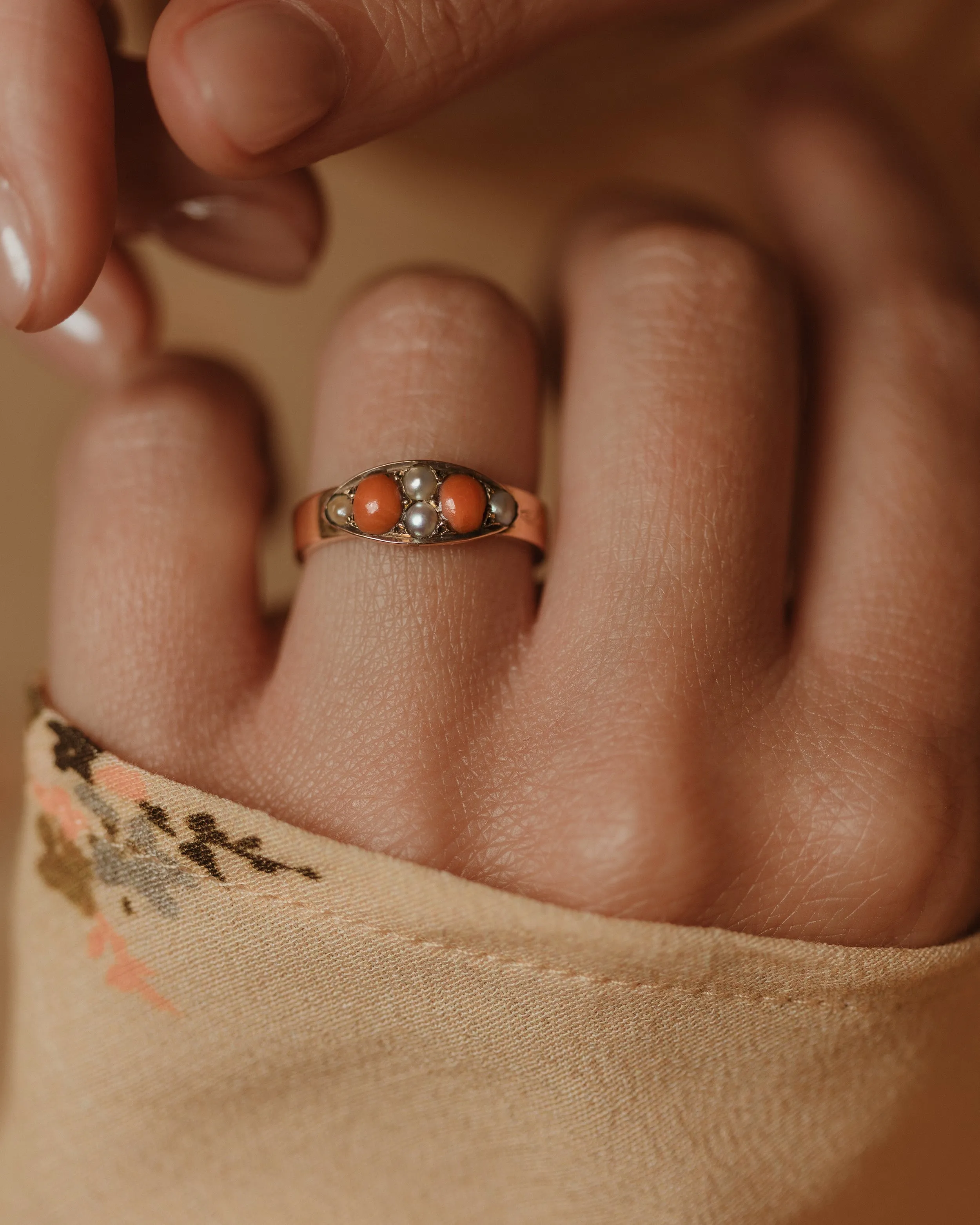 Blanch Antique Victorian 9ct Gold Coral & Pearl Ring sold by Rock n Rose