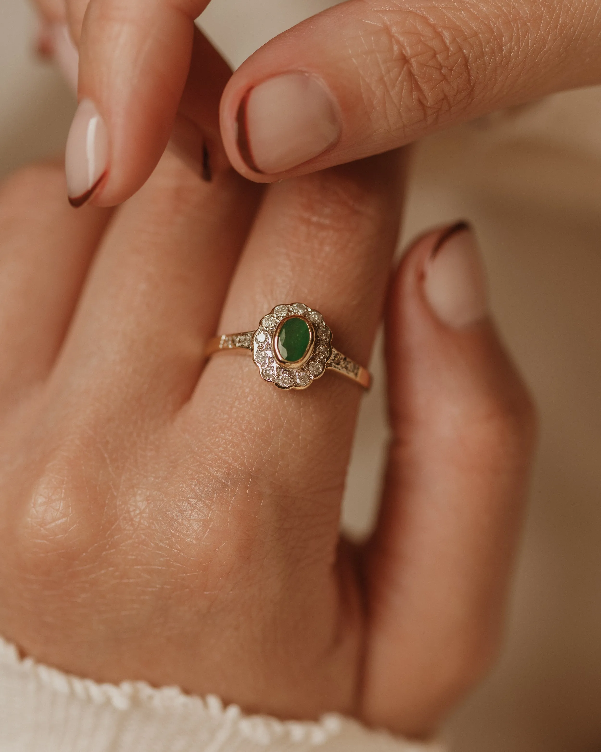 Alma Vintage 9ct Gold Emerald & Diamond Cluster Ring sold by Rock n Rose