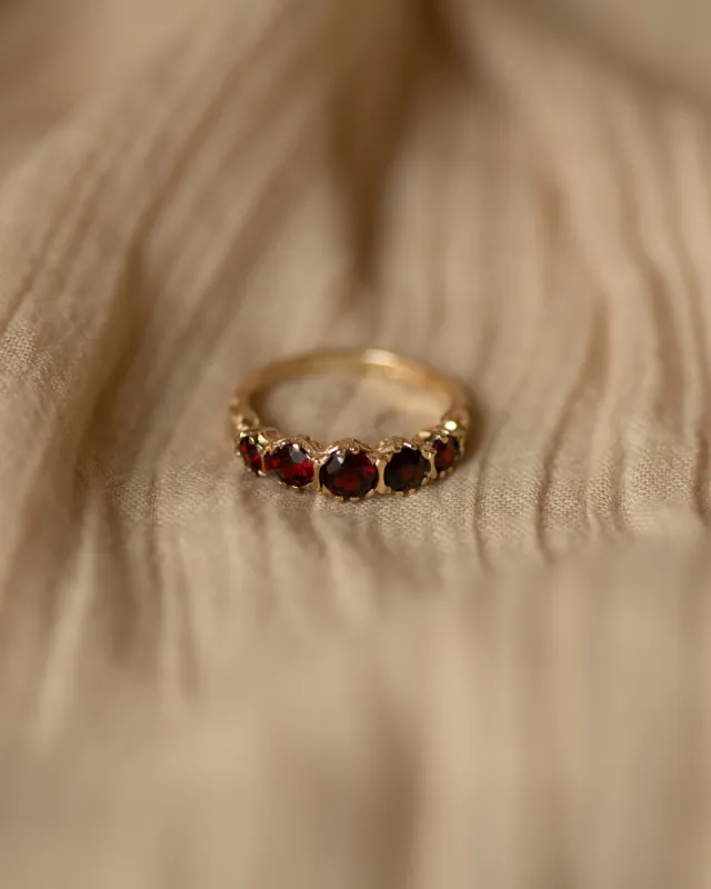 Claribel 1978 Vintage 9ct Gold Garnet Five Stone Ring sold by Rock n Rose