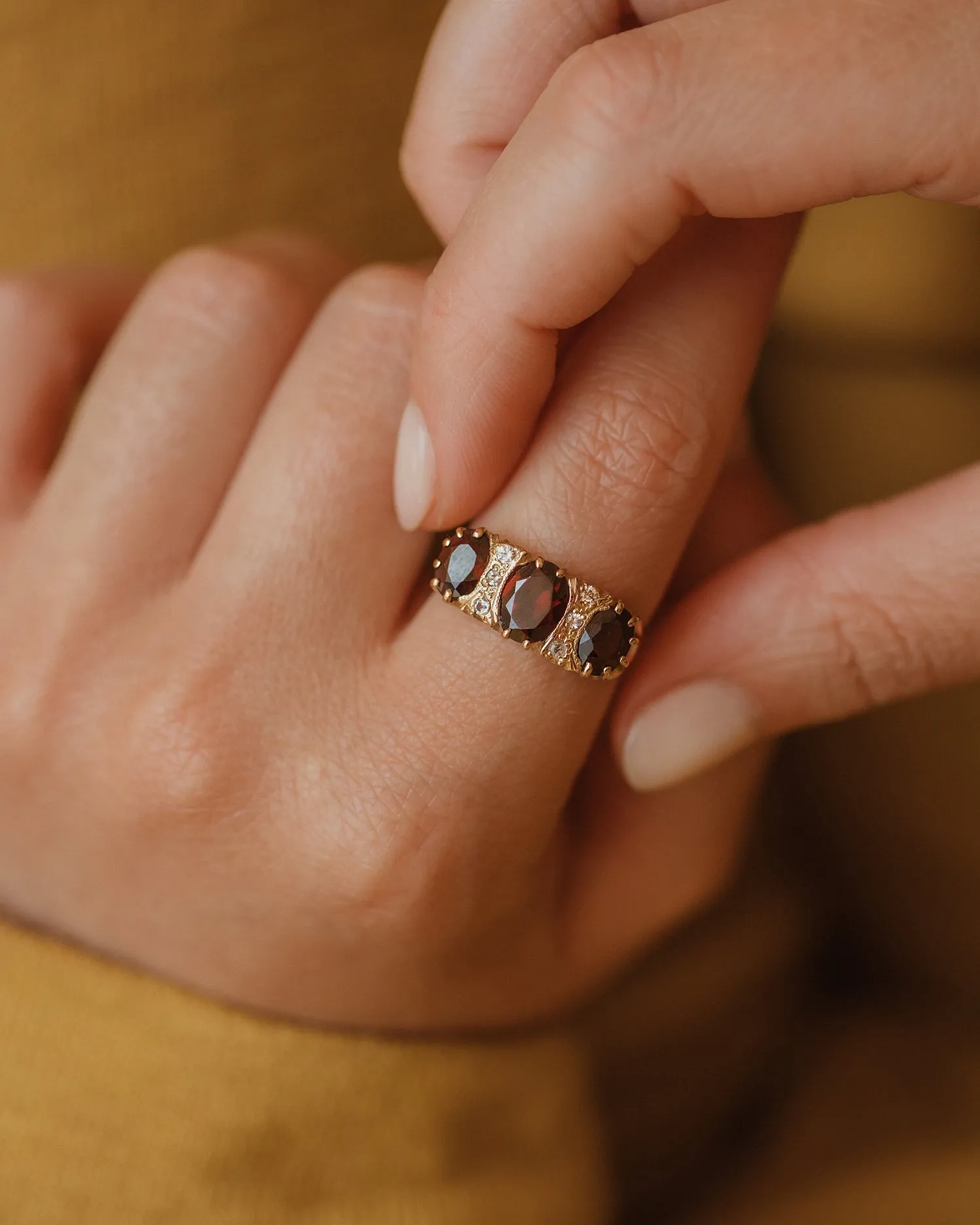 Alfreda 1980 9ct Gold Garnet Trilogy Ring sold by Rock n Rose