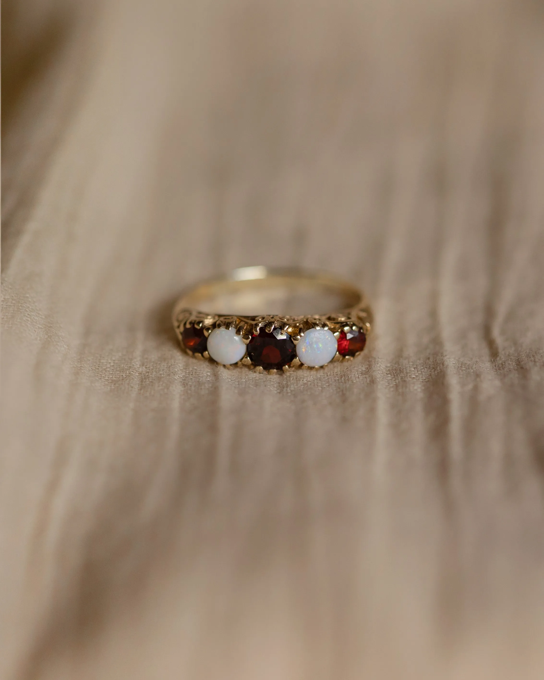Lavinia Vintage 9ct Gold Opal & Garnet Five Stone Ring sold by Rock n Rose
