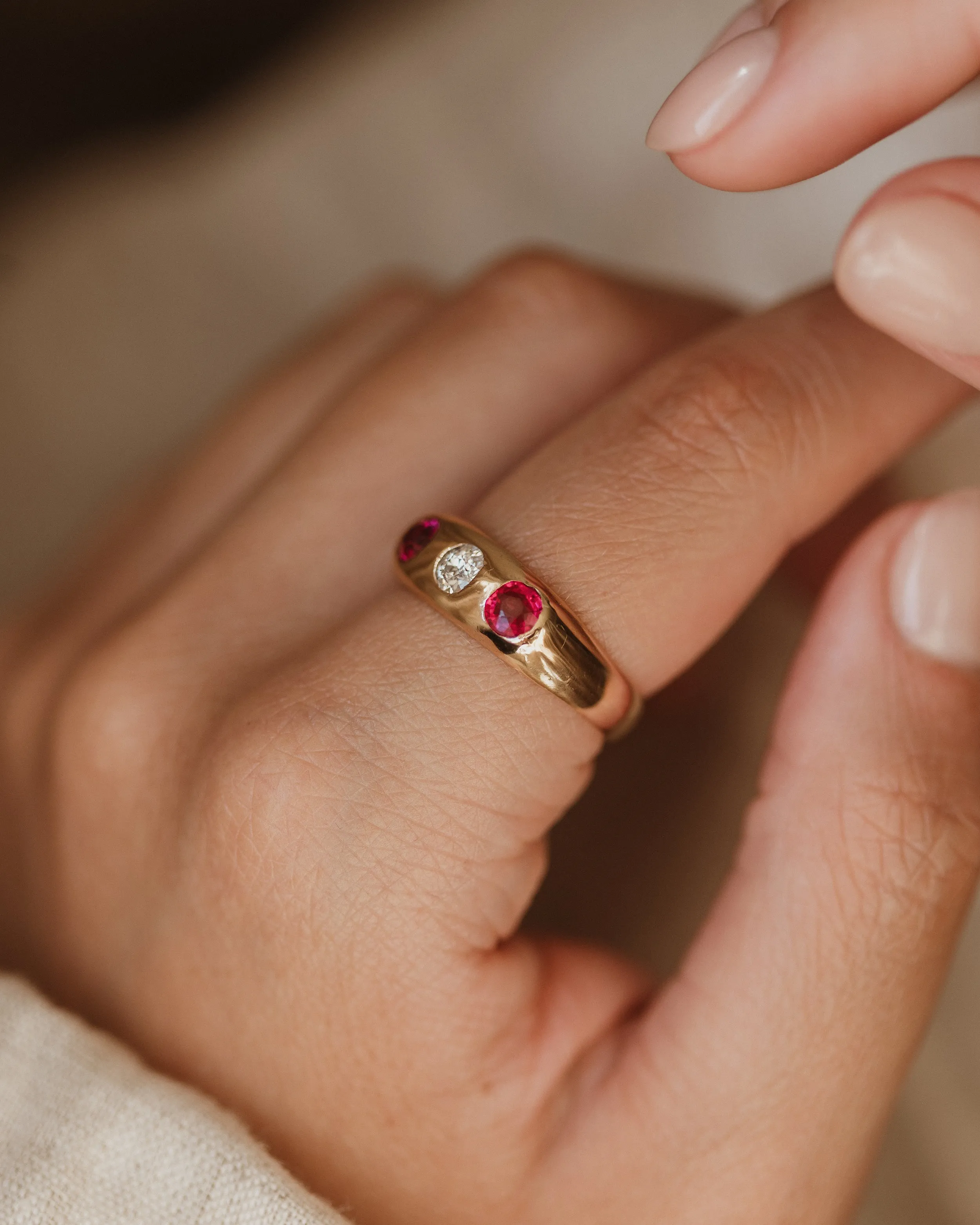 Vivienne Antique 18ct Gold Ruby & Diamond Gypsy Trilogy Ring sold by Rock n Rose product image thumbnail 2