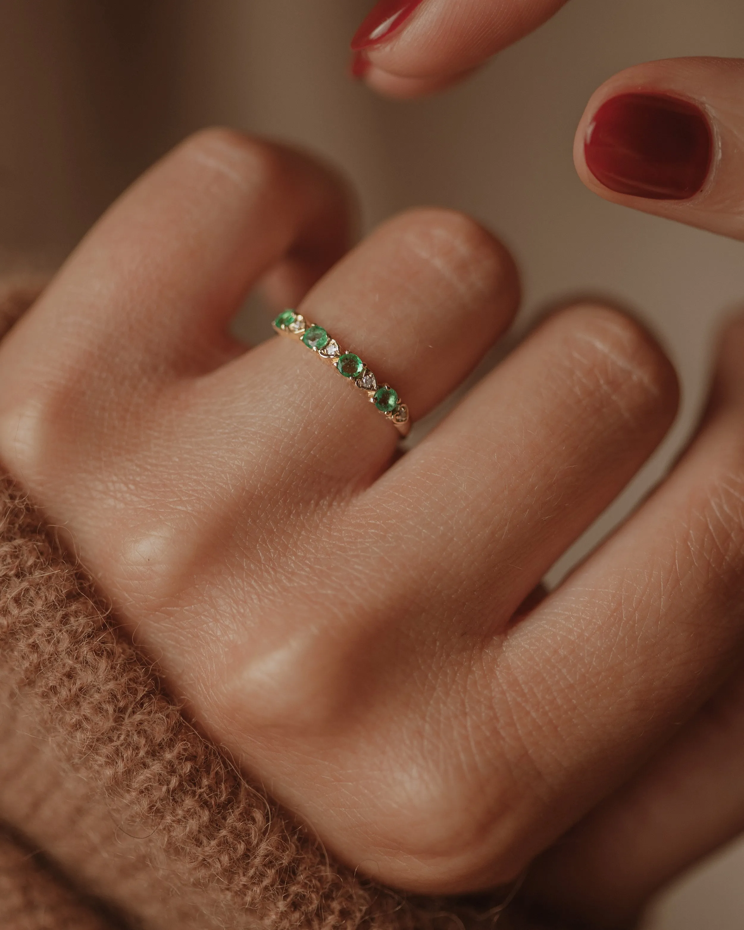 Flossie 1989 Vintage 9ct Gold Emerald & Diamond Half Eternity Ring sold by Rock n Rose