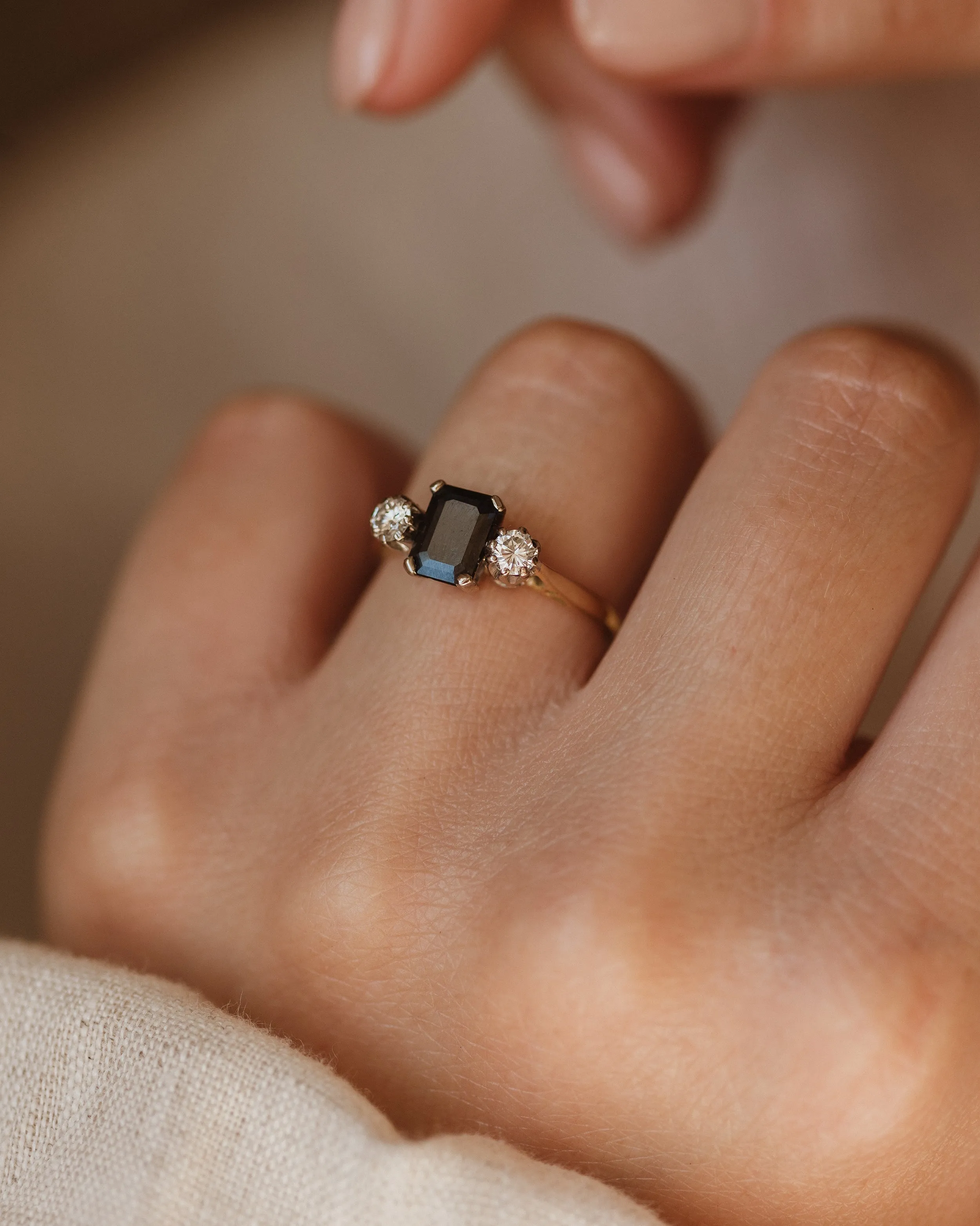 Patience 1977 Vintage 18ct Gold Sapphire & Diamond Trilogy Ring sold by Rock n Rose product image thumbnail 2