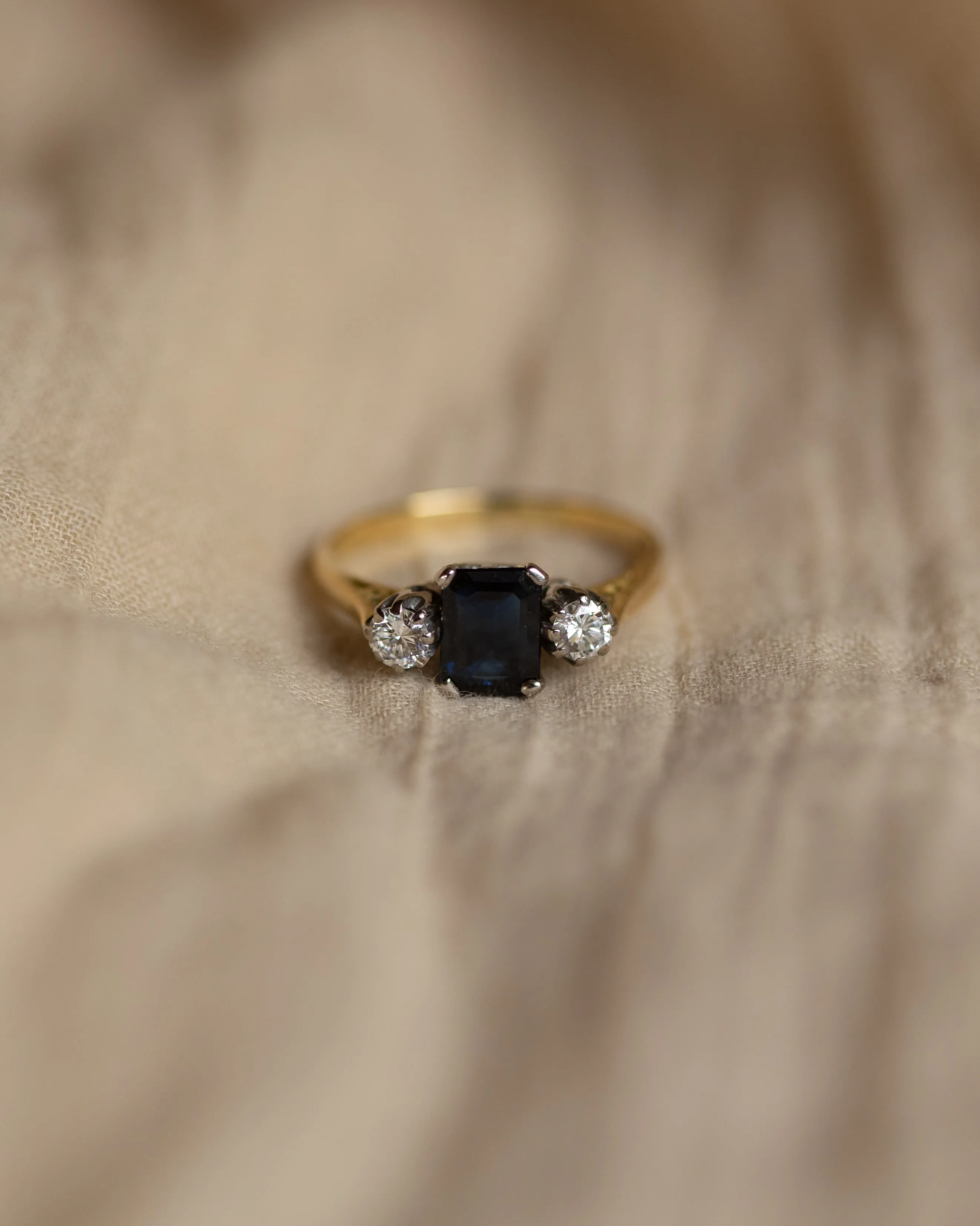 Patience 1977 Vintage 18ct Gold Sapphire & Diamond Trilogy Ring sold by Rock n Rose
