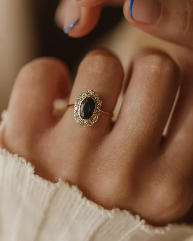 Elfrida Antique 18ct Gold Sapphire & Diamond Cluster Ring sold by Rock n Rose