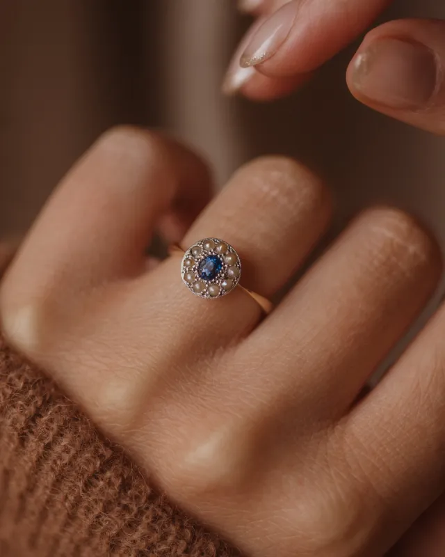 Iris Antique 18ct Gold Sapphire & Pearl Flowerhead Cluster Ring sold by Rock n Rose